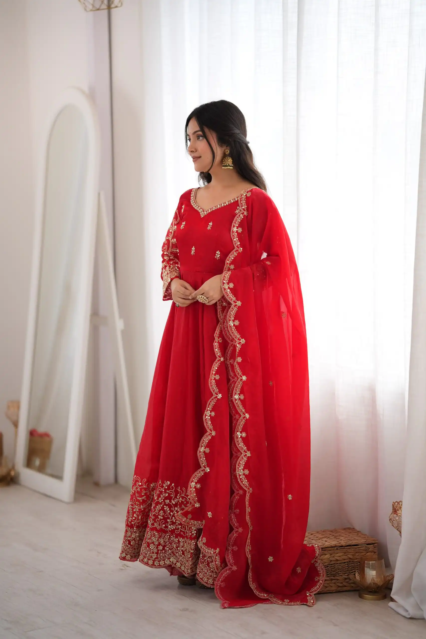 Fancy Red Fendy Silk Embroider Sequins Work Gown - Image 8