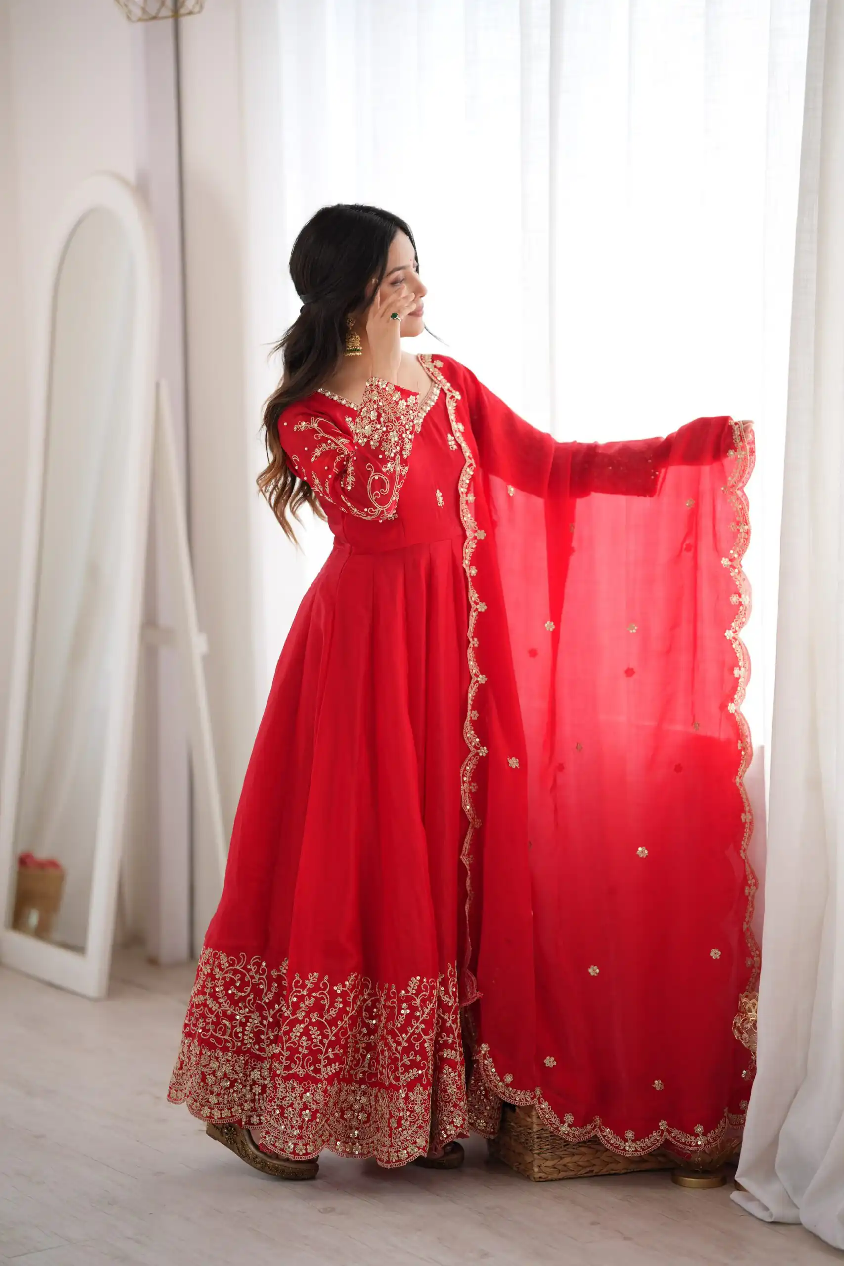 Fancy Red Fendy Silk Embroider Sequins Work Gown - Image 7