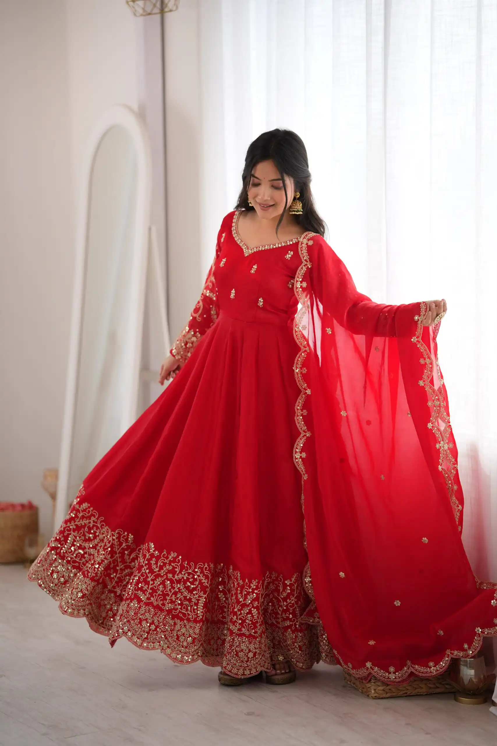 Fancy Red Fendy Silk Embroider Sequins Work Gown - Image 6