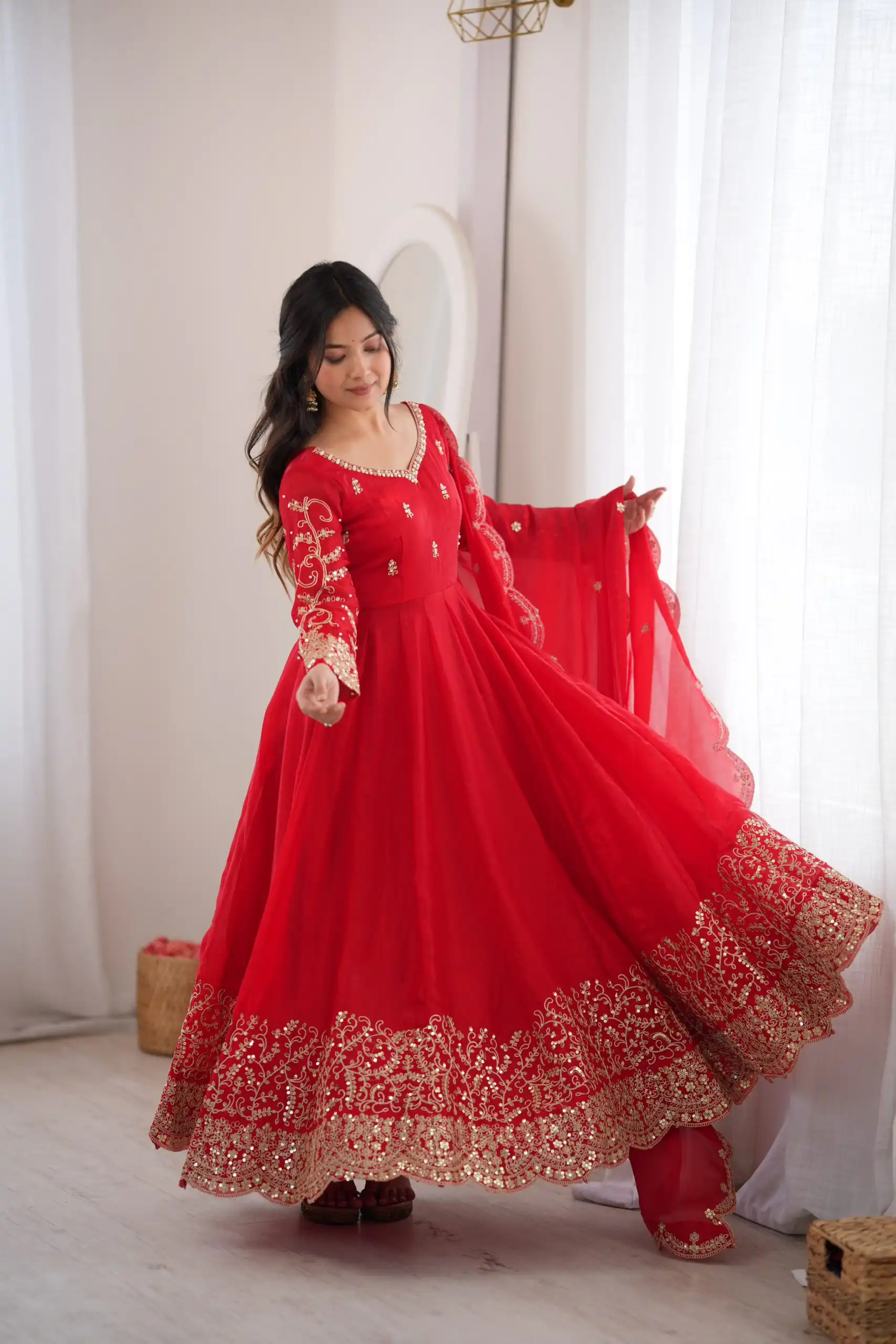 Fancy Red Fendy Silk Embroider Sequins Work Gown - Image 5