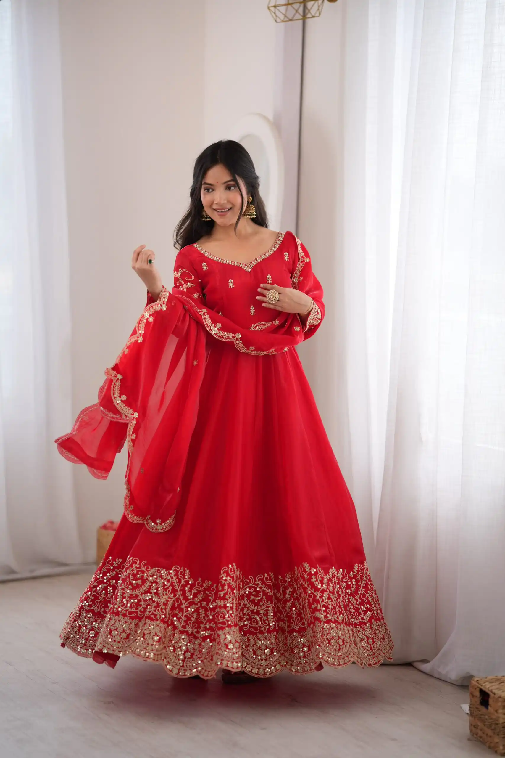 Fancy Red Fendy Silk Embroider Sequins Work Gown - Image 4