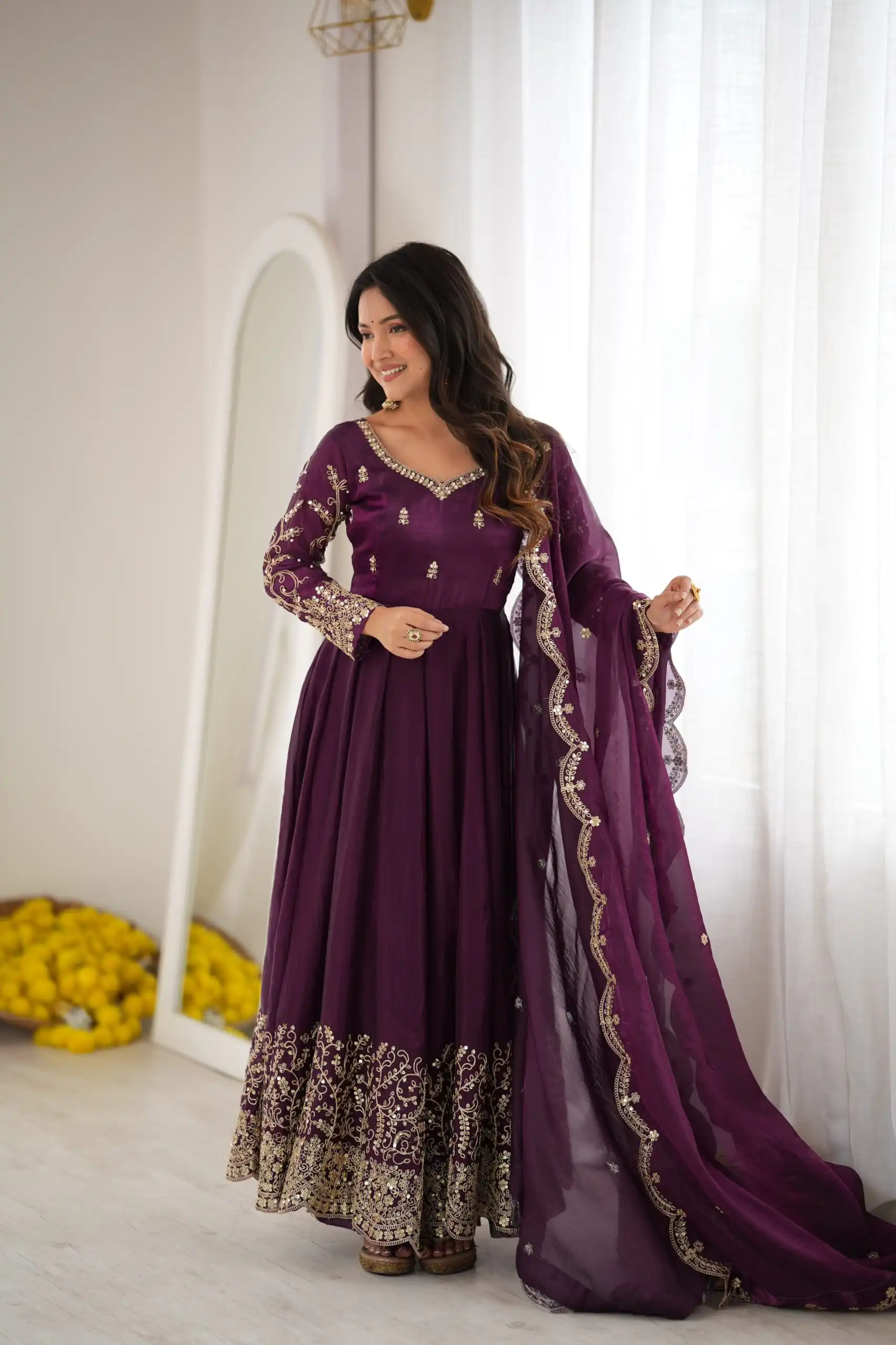 Fancy Wine Fendy Silk Embroider Sequins Work Gown - Image 4
