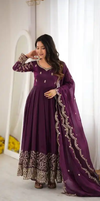 Fancy Wine Fendy Silk Embroider Sequins Work Gown