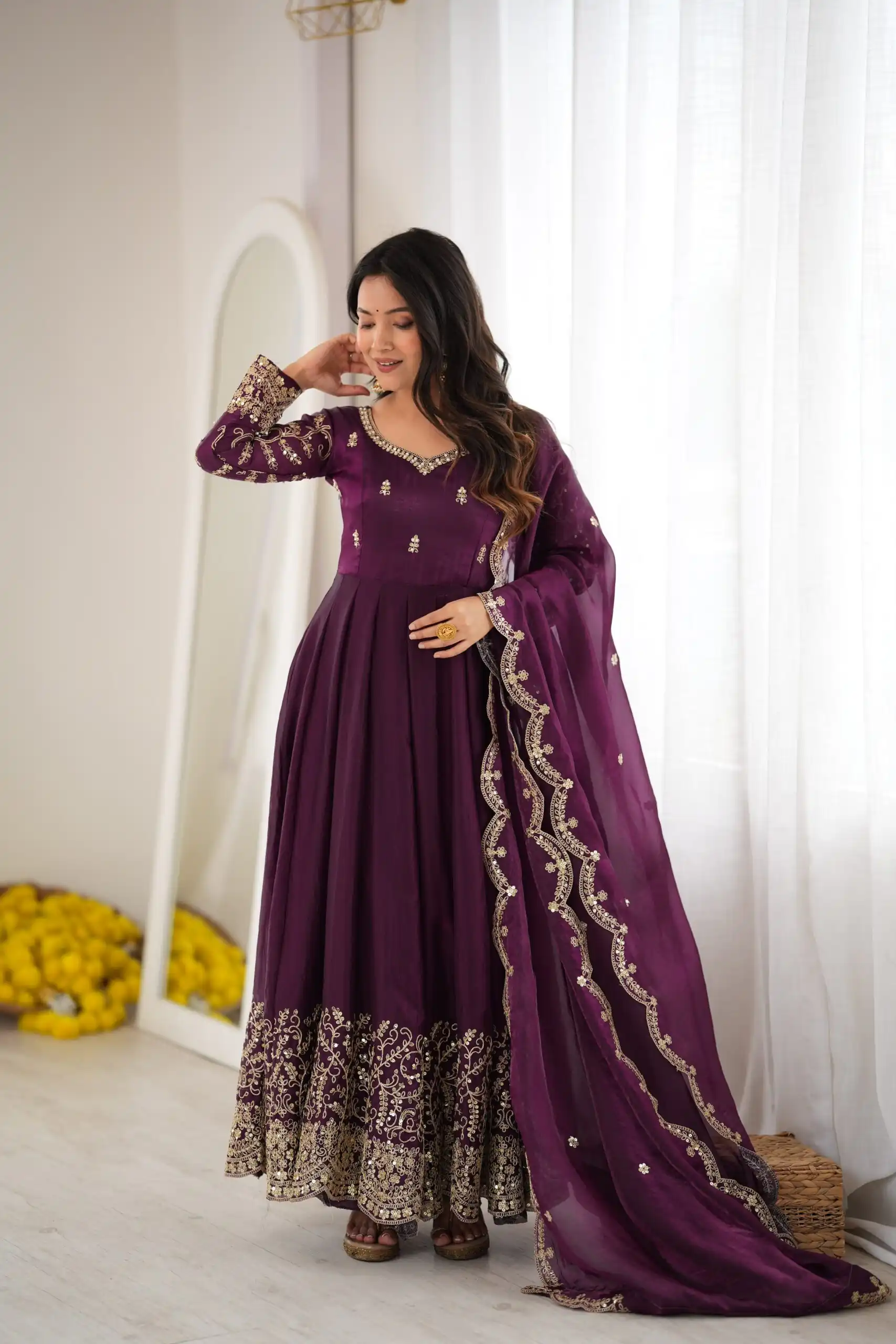 Fancy Wine Fendy Silk Embroider Sequins Work Gown