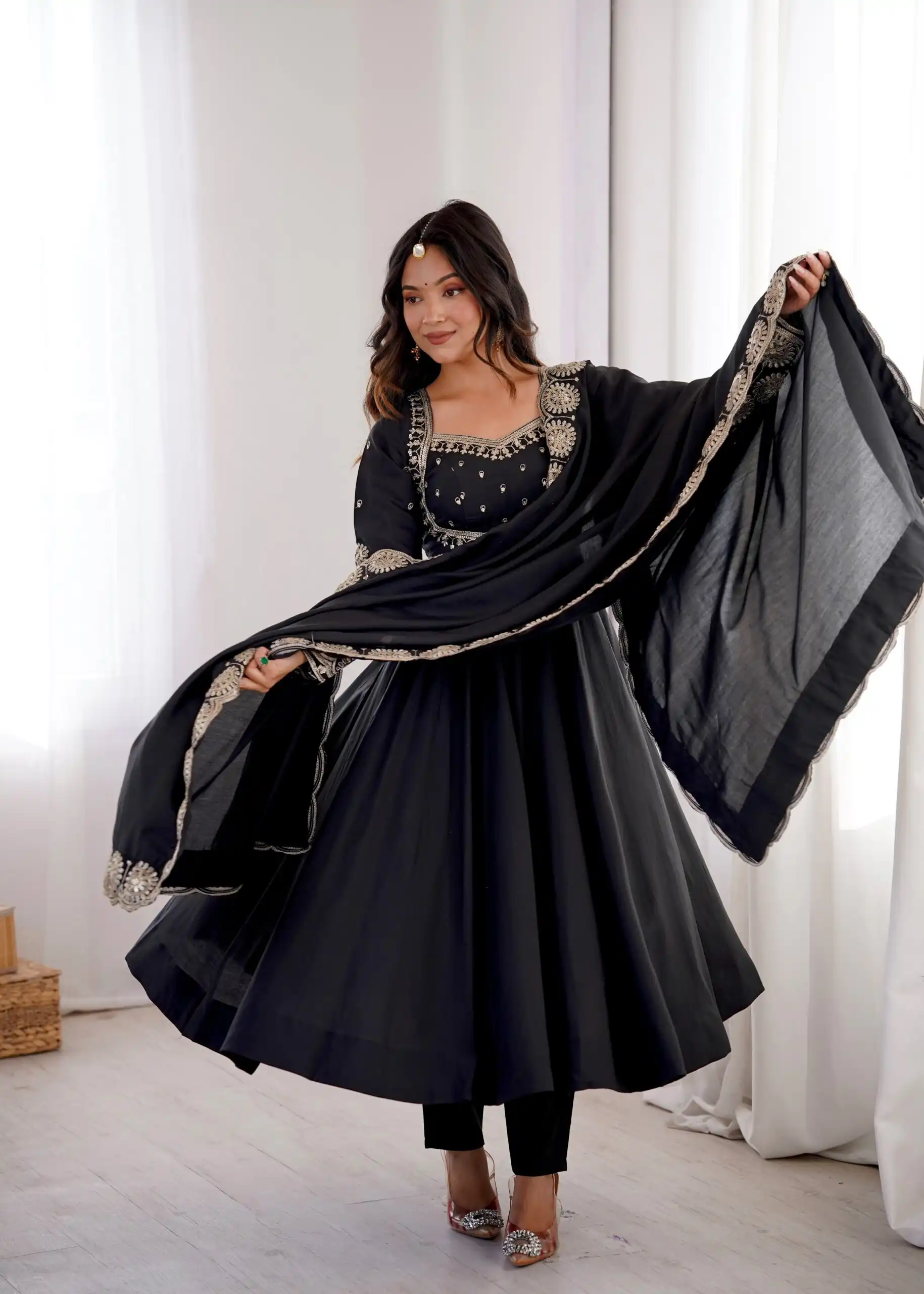 Glowing Black Roman Silk Embroidery Work Anarkali Suit - Image 7