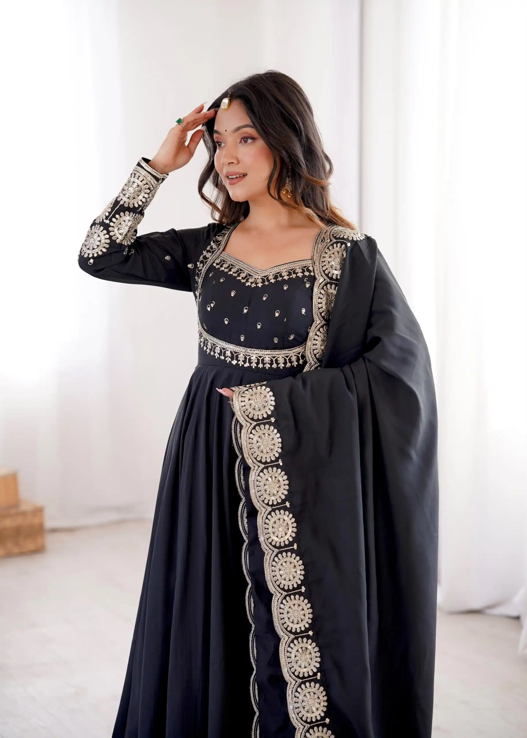 Glowing Black Roman Silk Embroidery Work Anarkali Suit - Image 8