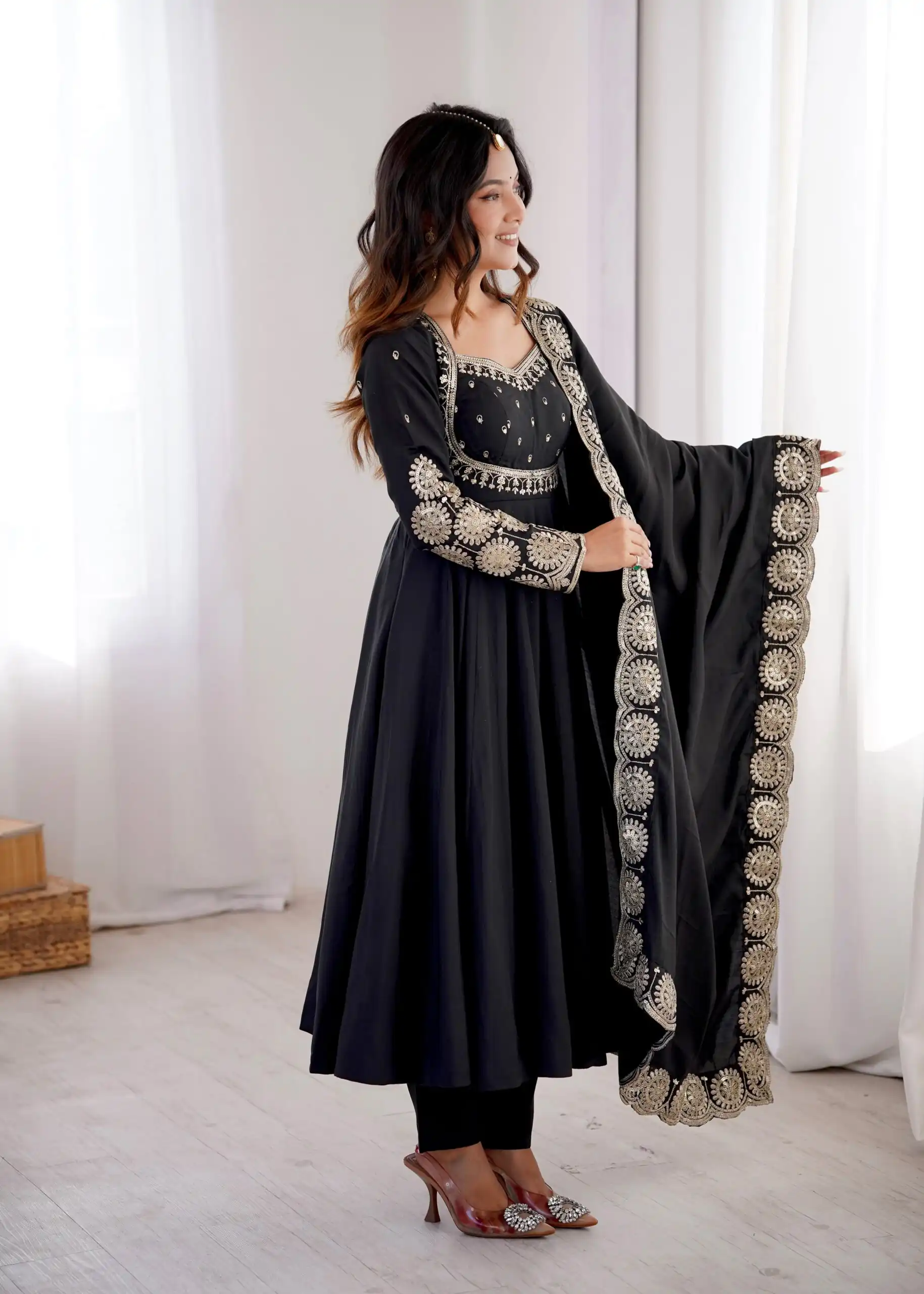 Glowing Black Roman Silk Embroidery Work Anarkali Suit - Image 6