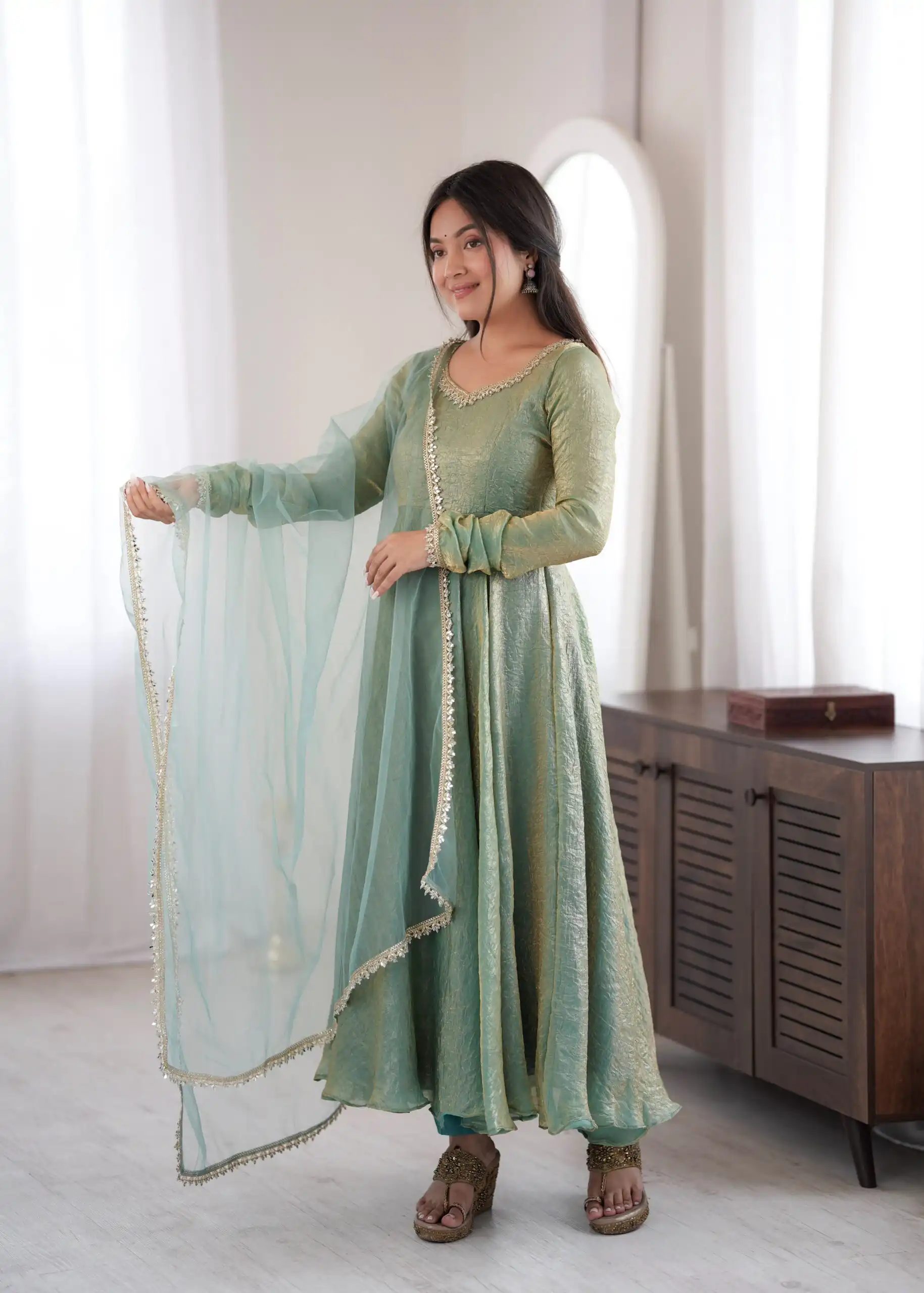 Glowing Rama Doremon Crush Mirror Work Gown