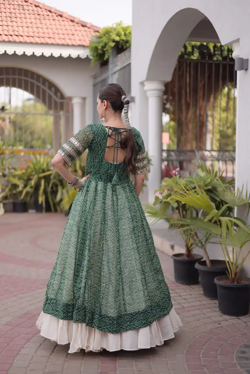 Grand Green Kora Cotton Bandhani Print Work Lehenga Choli - Image 4