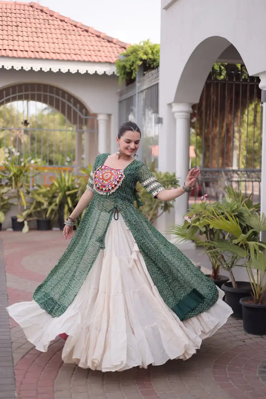 Grand Green Kora Cotton Bandhani Print Work Lehenga Choli