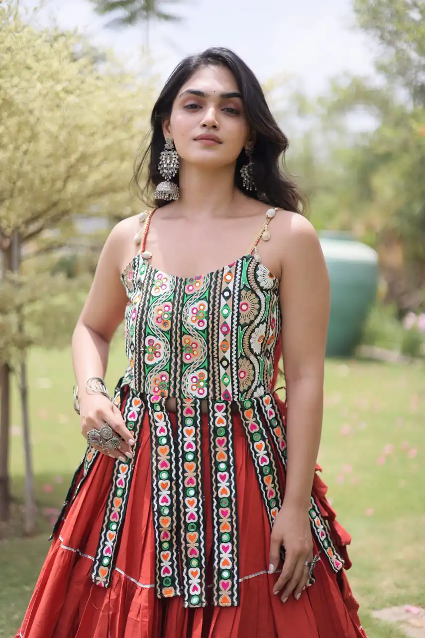 Grand Rust Kora Cotton Kutchi Patch Work Lehenga Choli - Image 2