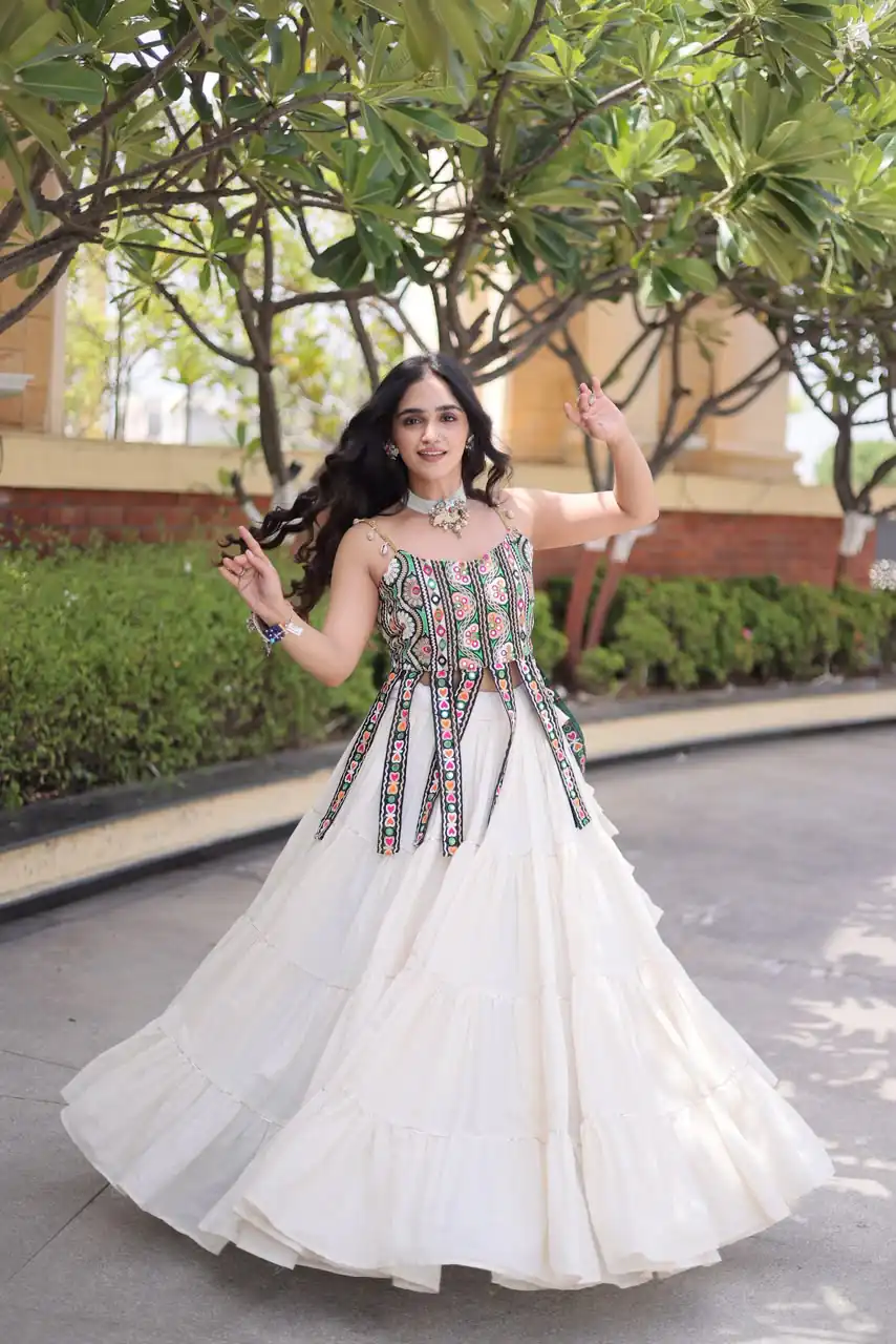 Grand White Kora Cotton Kutchi Patch Work Lehenga Choli - Image 3