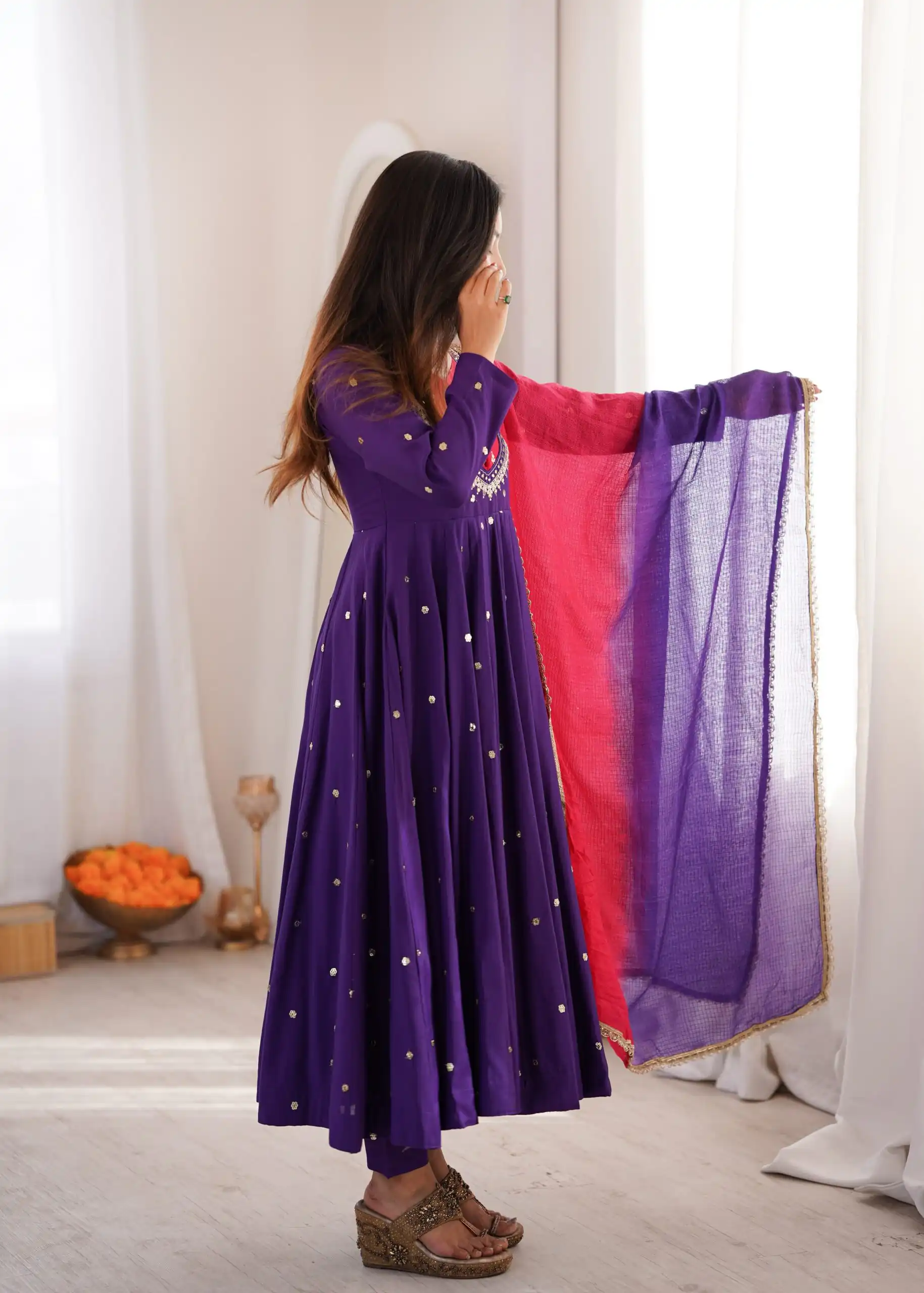 Lovely Purple Roman Silk Mirror Embroidery Work Gown - Image 8