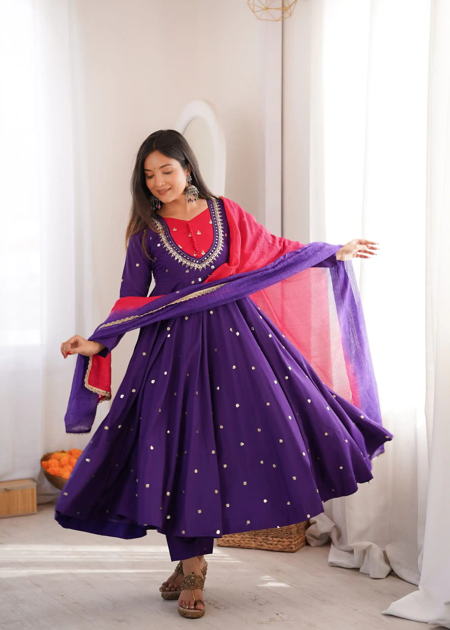 Lovely Purple Roman Silk Mirror Embroidery Work Gown