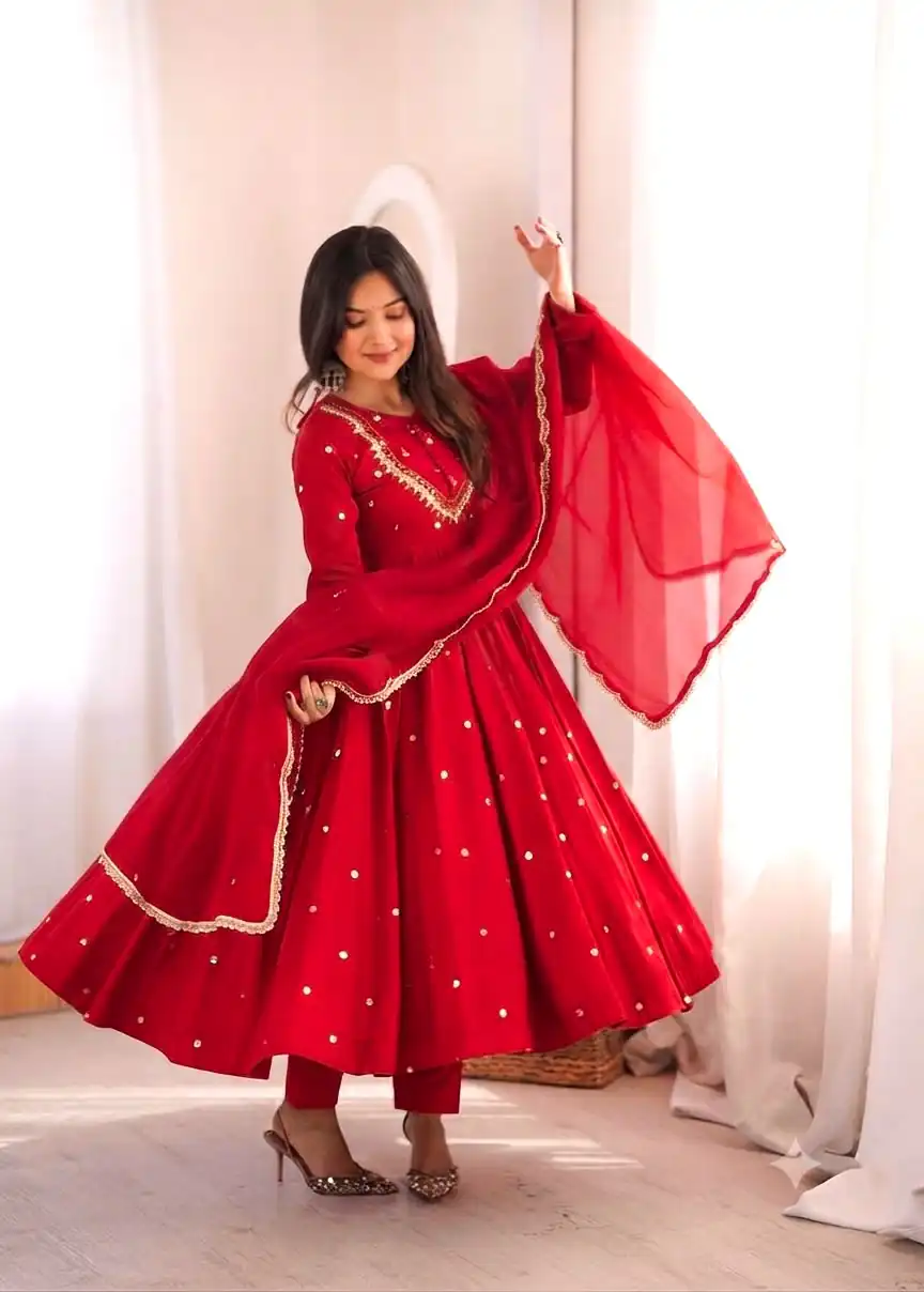 Lovely Red Roman Silk Mirror Embroidery Work Gown - Image 8