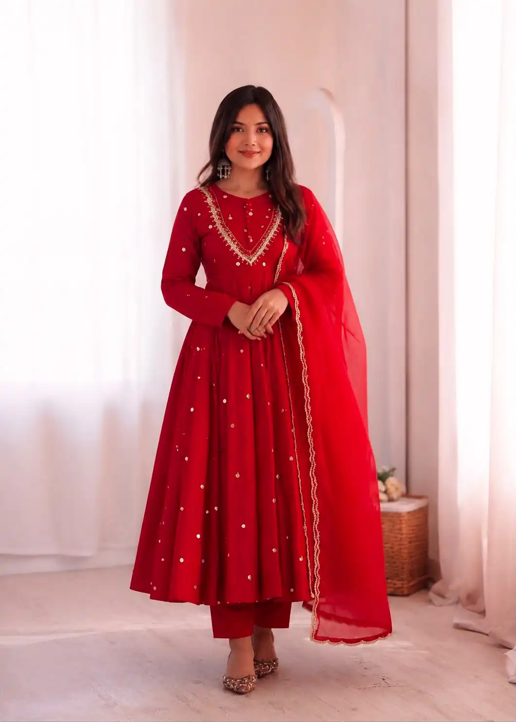 Lovely Red Roman Silk Mirror Embroidery Work Gown - Image 7