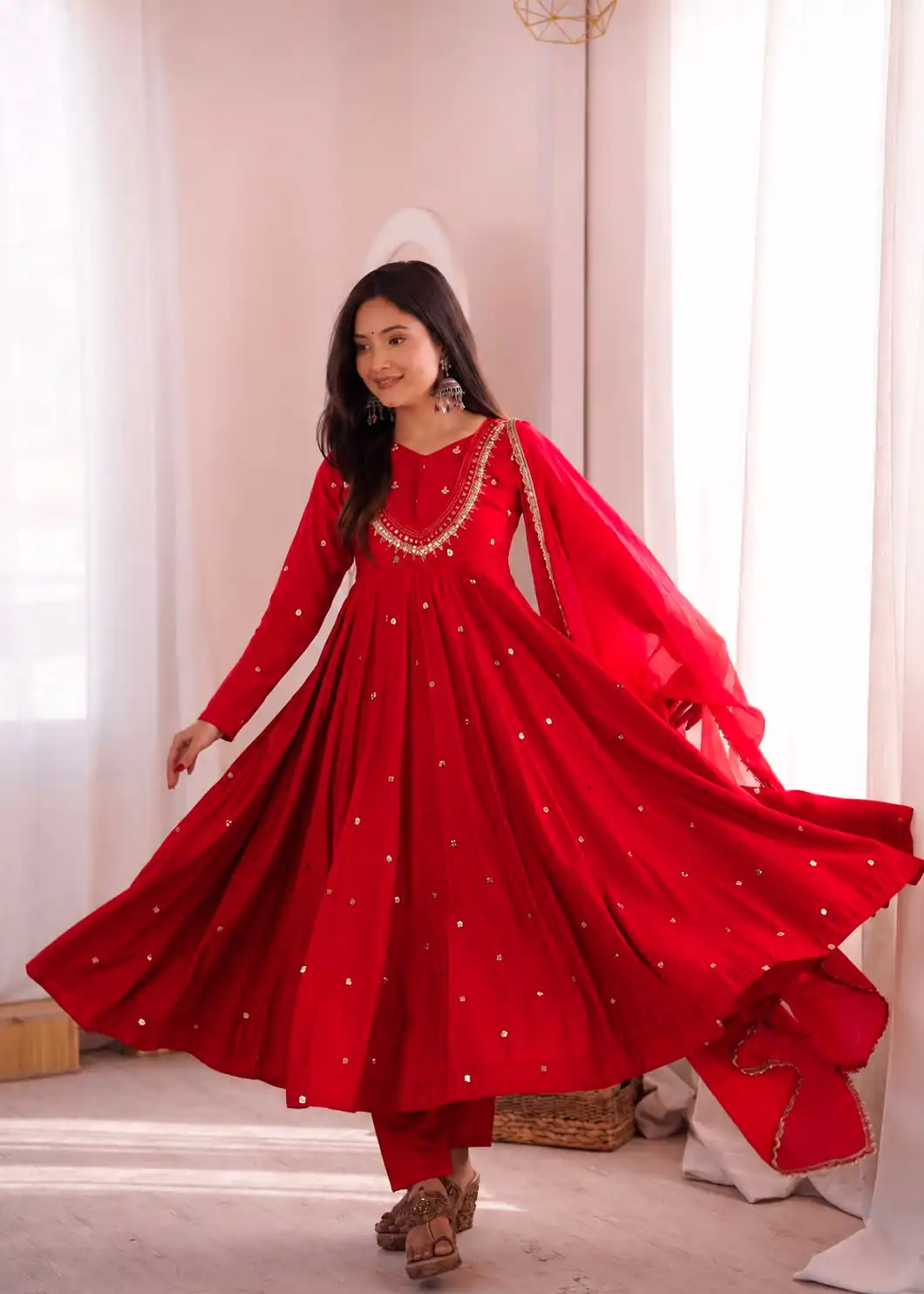 Lovely Red Roman Silk Mirror Embroidery Work Gown - Image 5