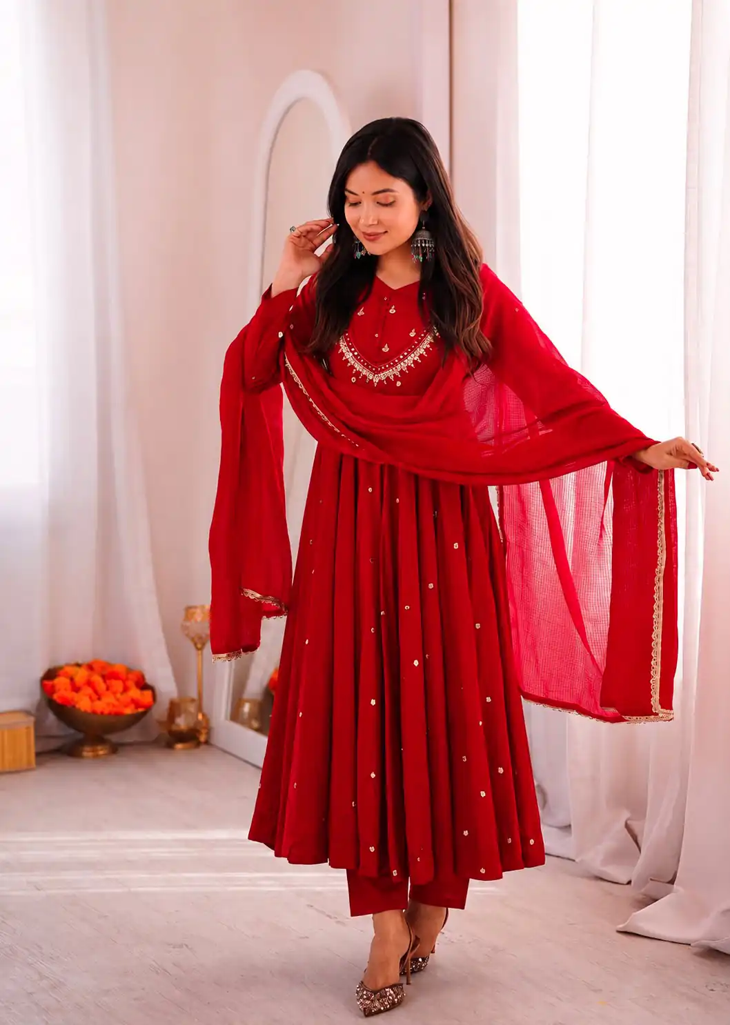 Lovely Red Roman Silk Mirror Embroidery Work Gown - Image 3