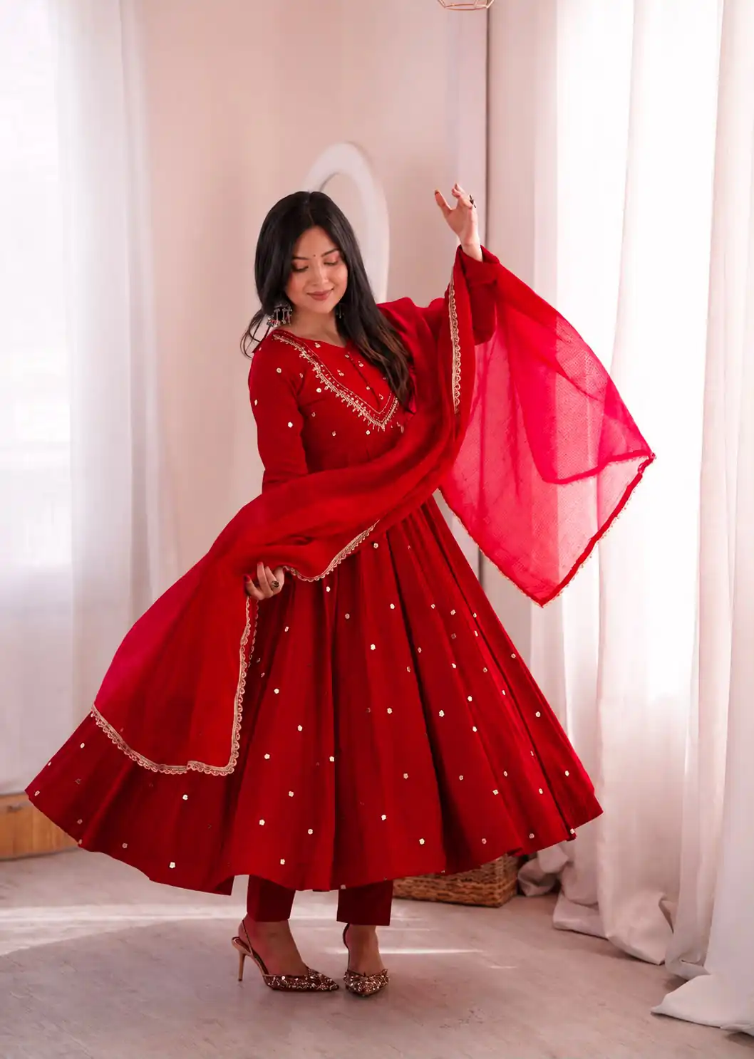 Lovely Red Roman Silk Mirror Embroidery Work Gown - Image 2