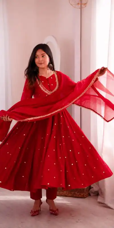 Lovely Red Roman Silk Mirror Embroidery Work Gown