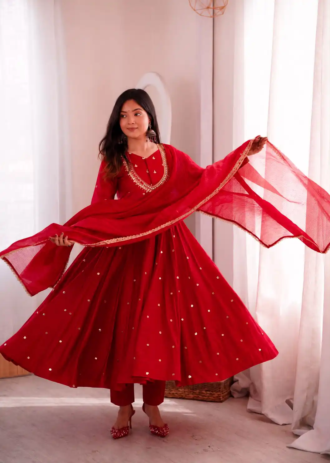 Lovely Red Roman Silk Mirror Embroidery Work Gown