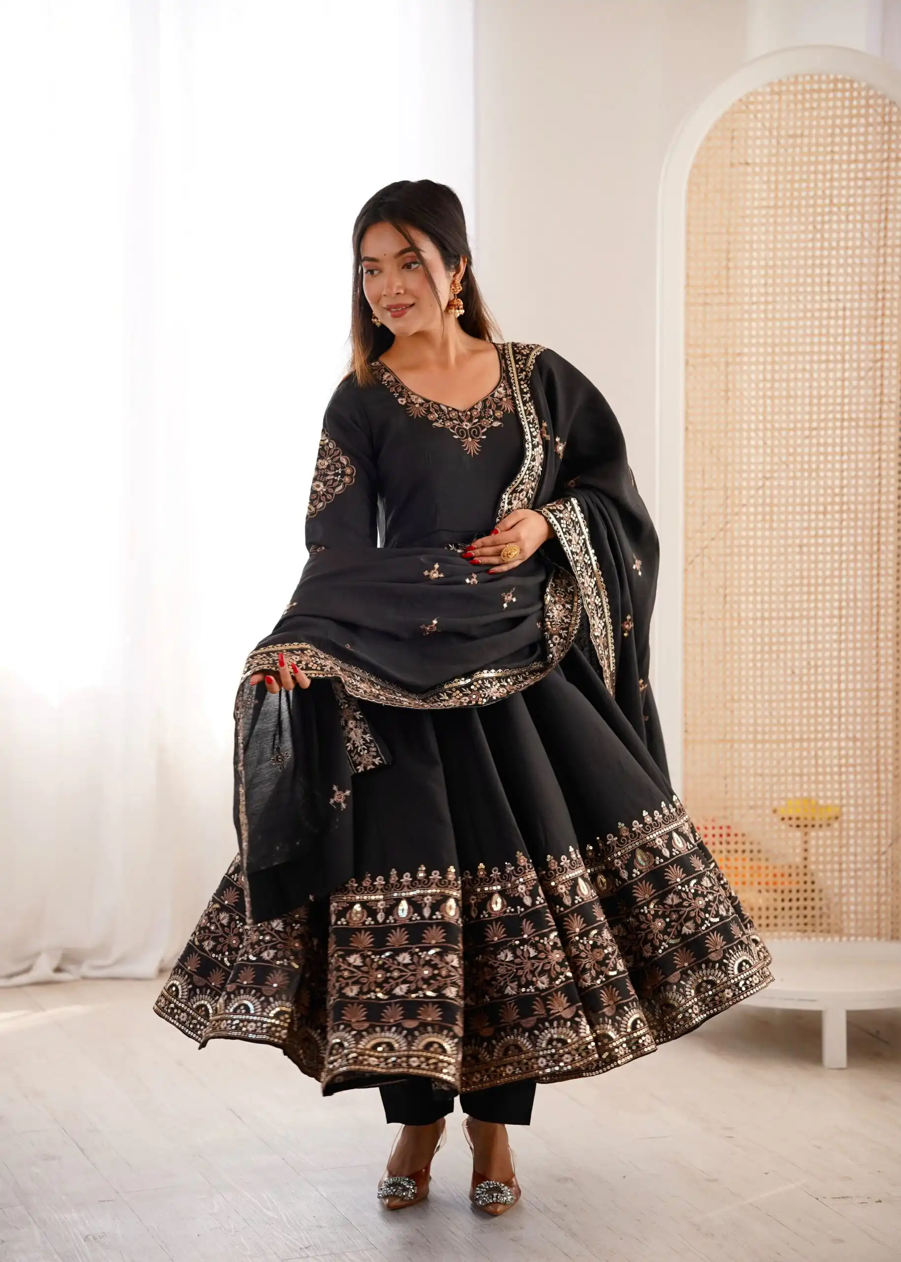 Nice Black Roman Silk Embroidery Work Gown - Image 7