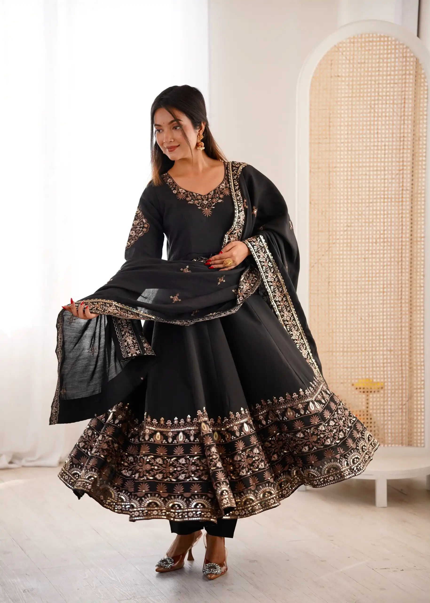Nice Black Roman Silk Embroidery Work Gown - Image 5