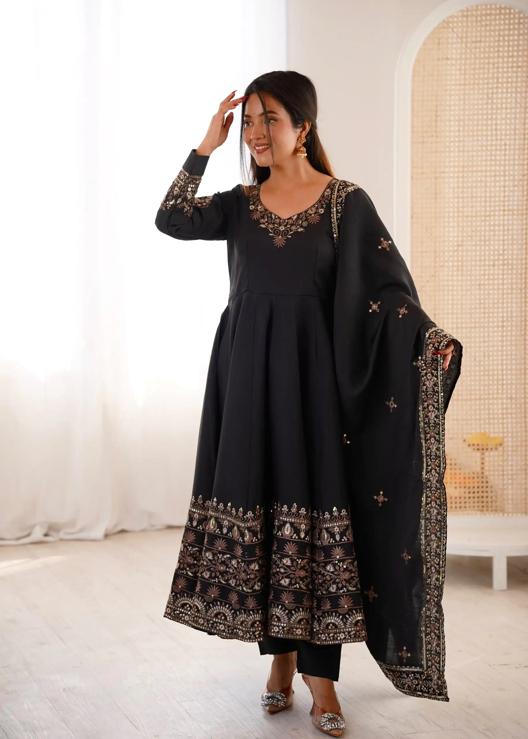 Nice Black Roman Silk Embroidery Work Gown - Image 2