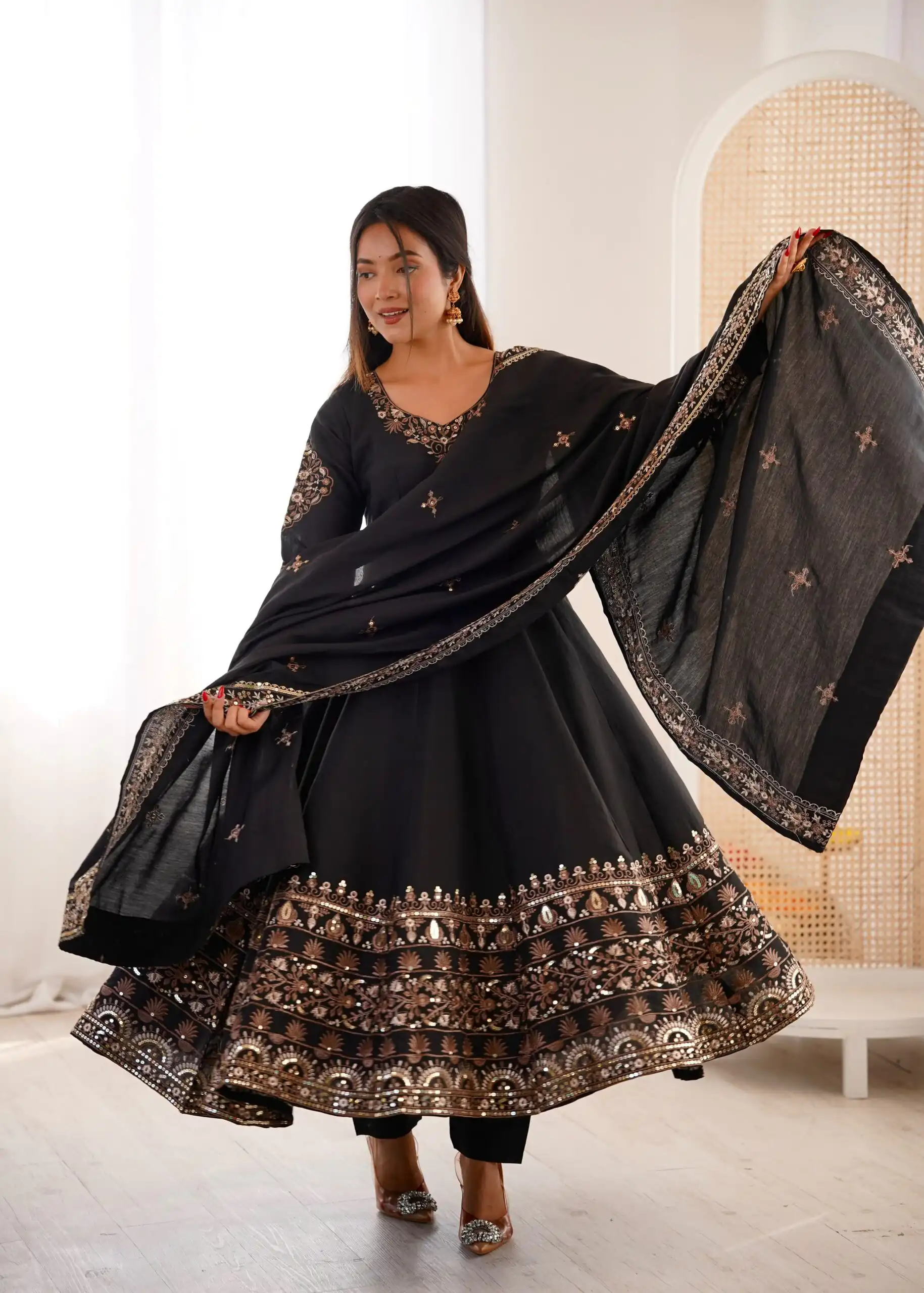Nice Black Roman Silk Embroidery Work Gown