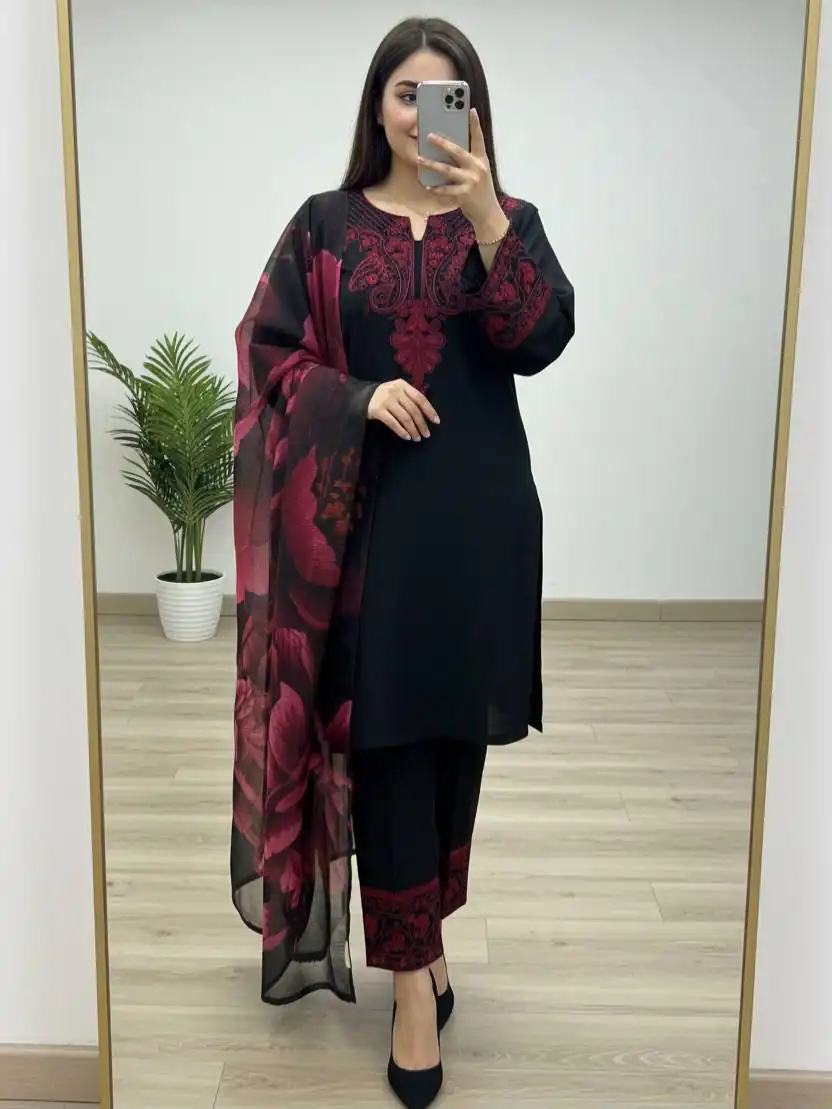 Nice Black Roman Silk Embroidery Work Salwar Suit - Image 2