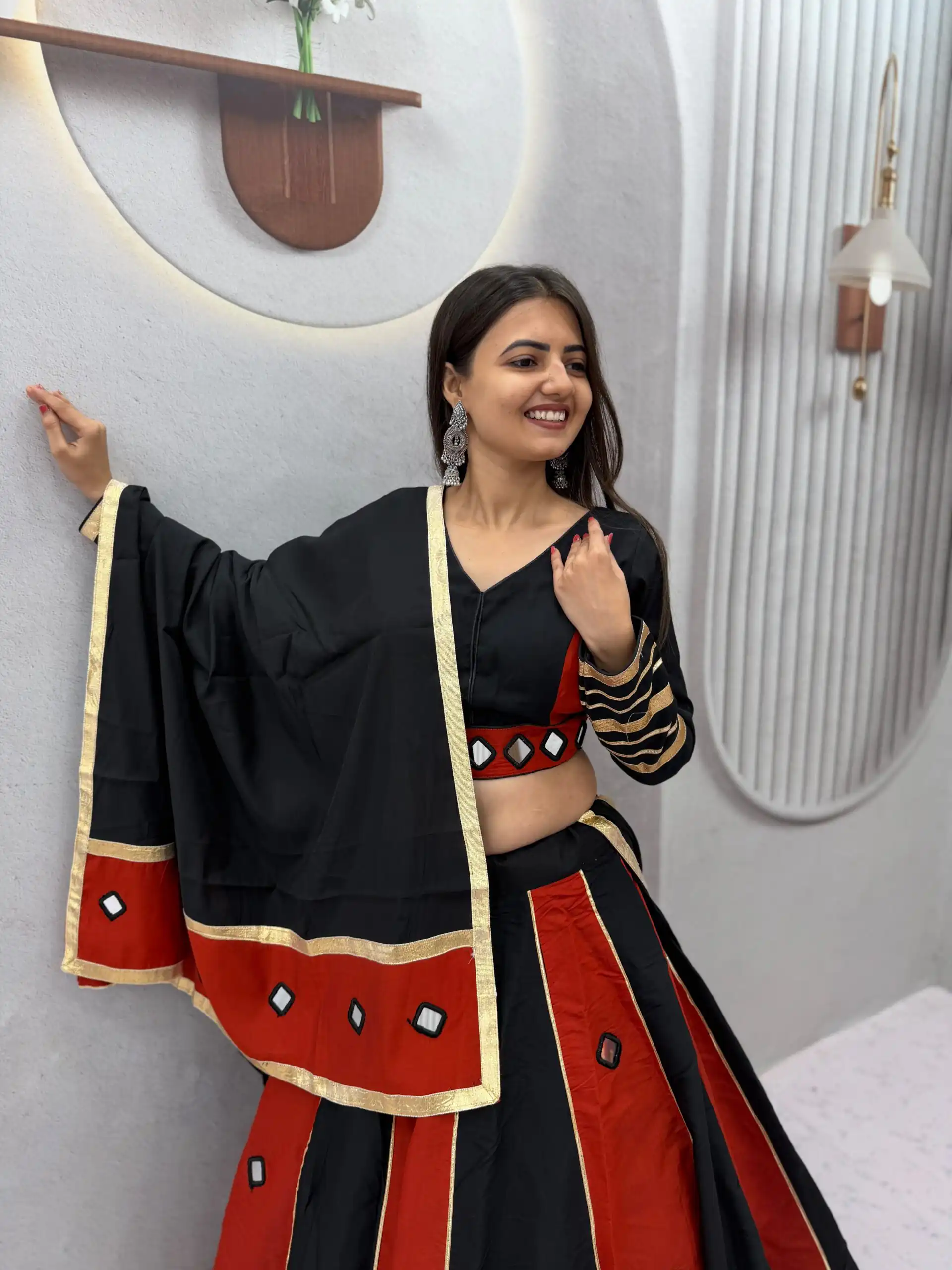 Perfect Black Roman Silk Mirror Work Lehenga Choli - Image 6