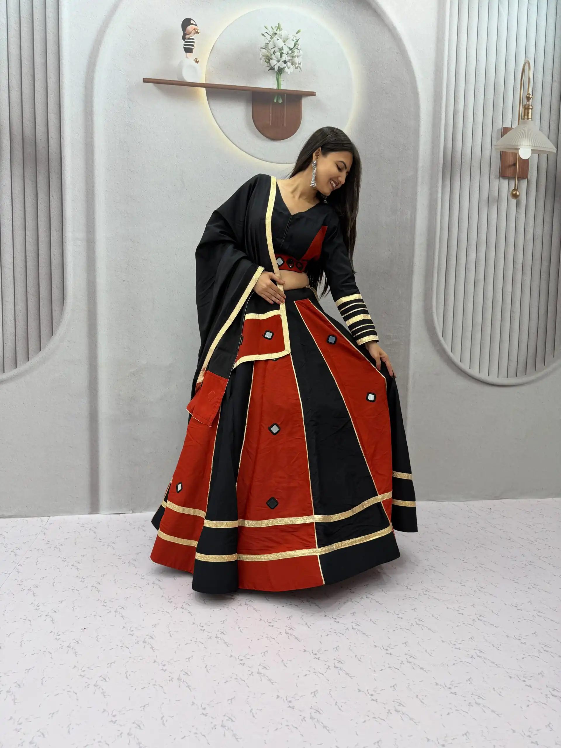 Perfect Black Roman Silk Mirror Work Lehenga Choli - Image 5
