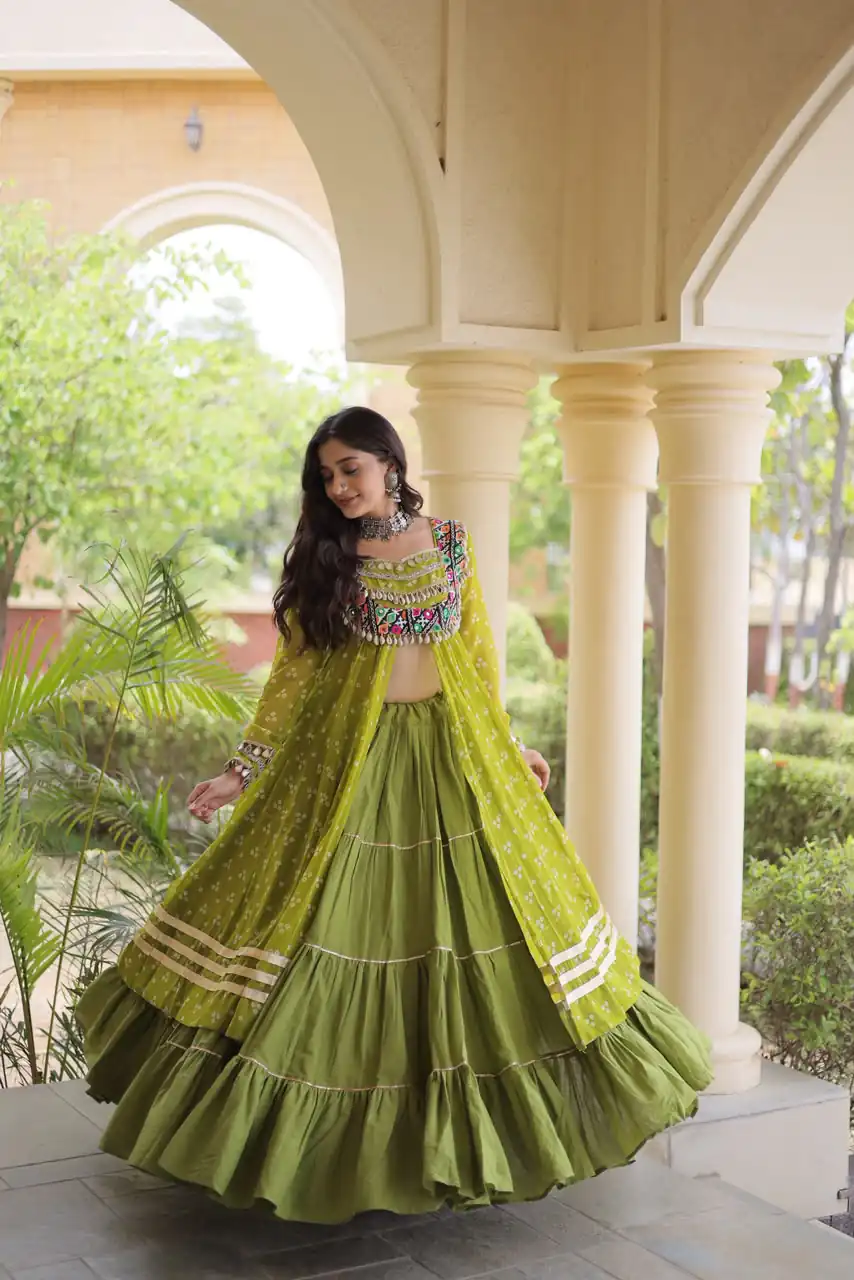 Perfect Mahendi Faux Georgette Patchwork Work Lehenga Choli - Image 4