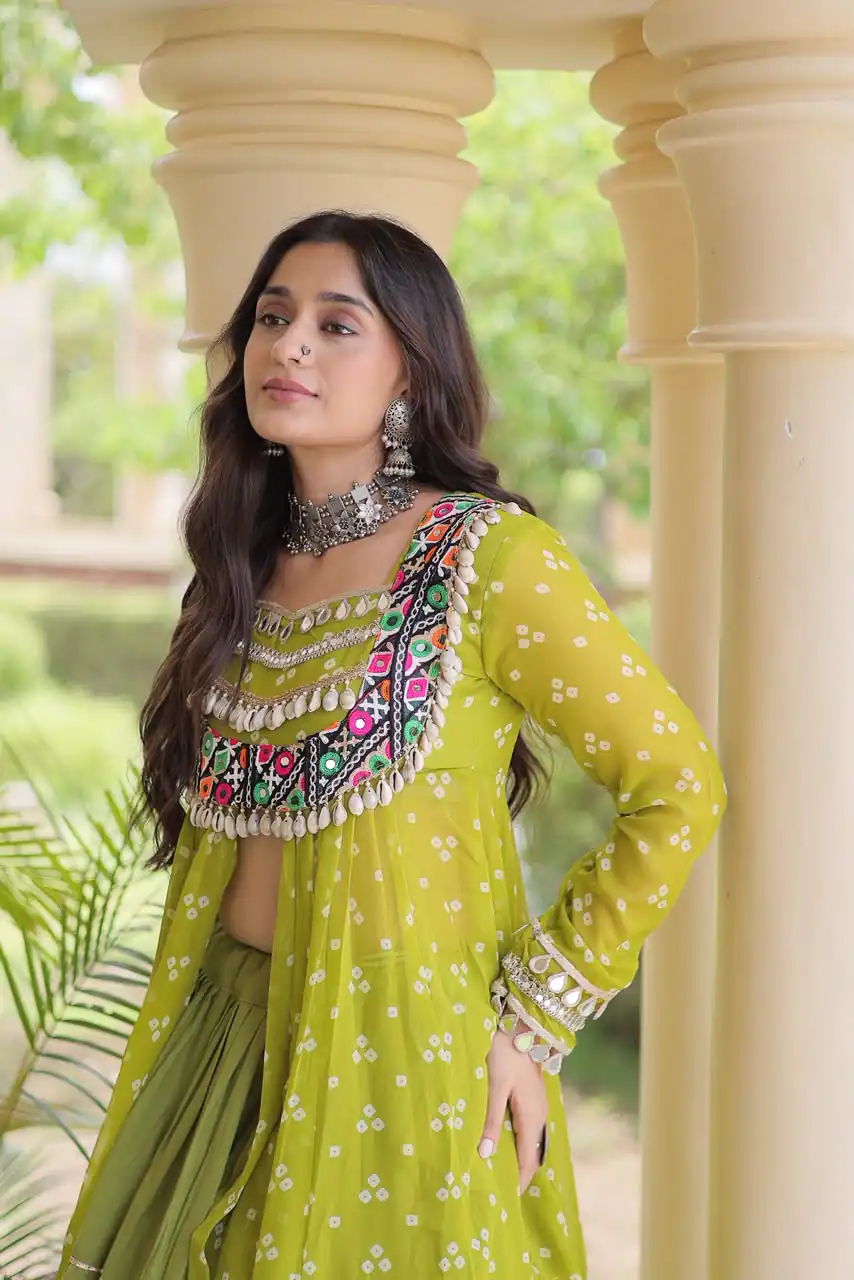 Perfect Mahendi Faux Georgette Patchwork Work Lehenga Choli - Image 2