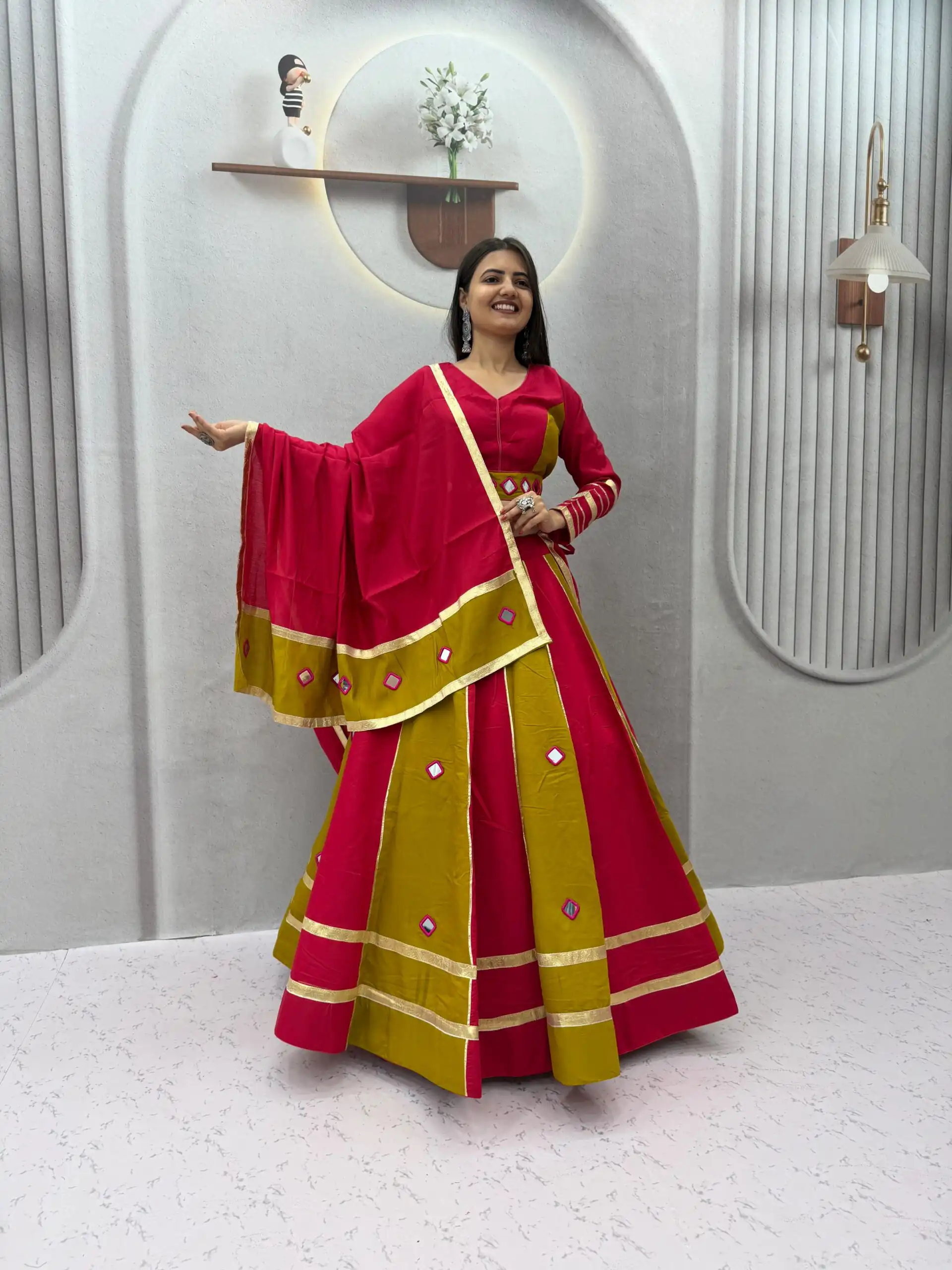 Perfect Mustered Roman Silk Mirror Work Lehenga Choli - Image 2