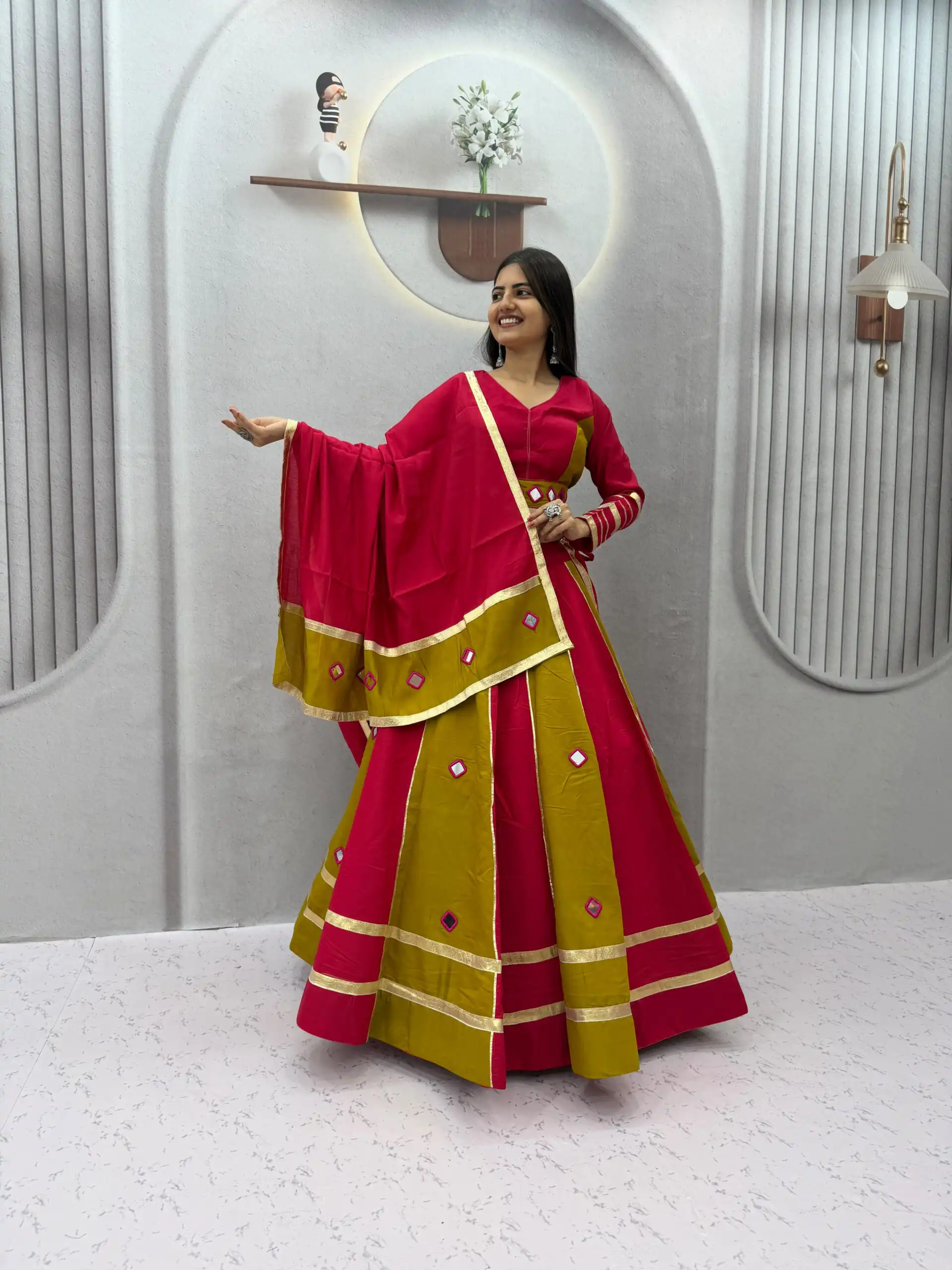 Perfect Mustered Roman Silk Mirror Work Lehenga Choli - Image 5