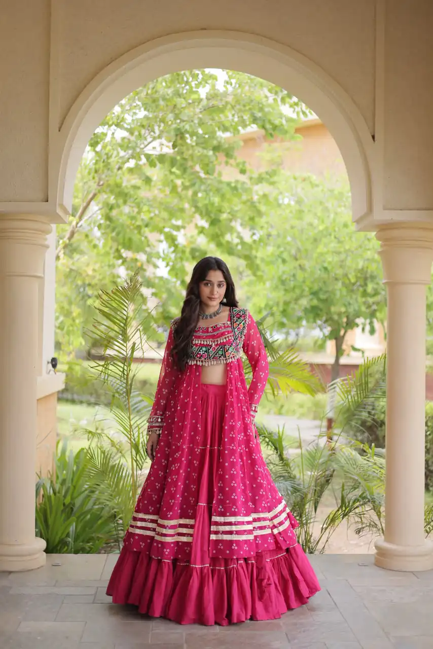 Perfect Pink Faux Georgette Patchwork Work Lehenga Choli - Image 5