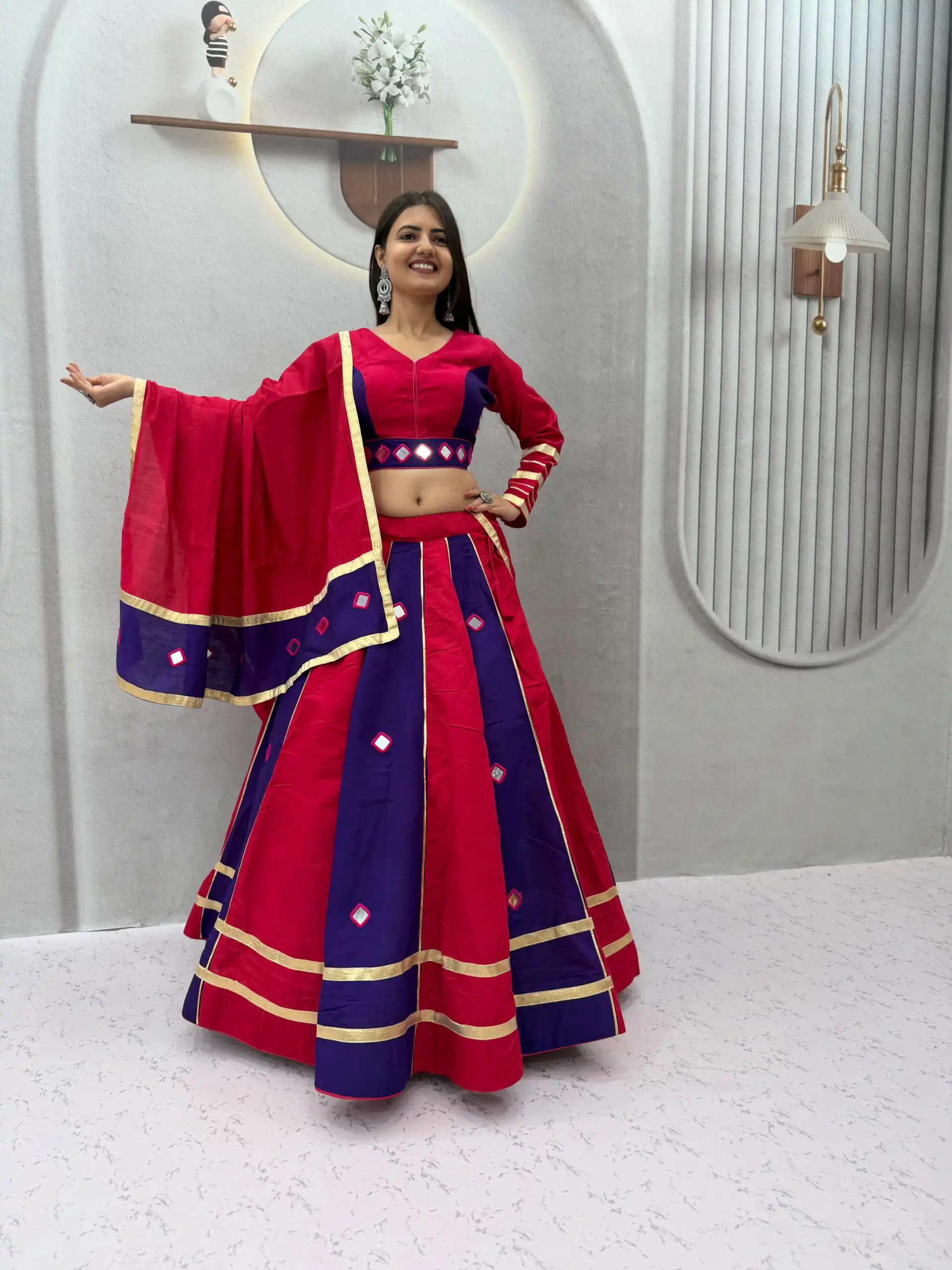 Perfect Red Roman Silk Mirror Work Lehenga Choli - Image 5