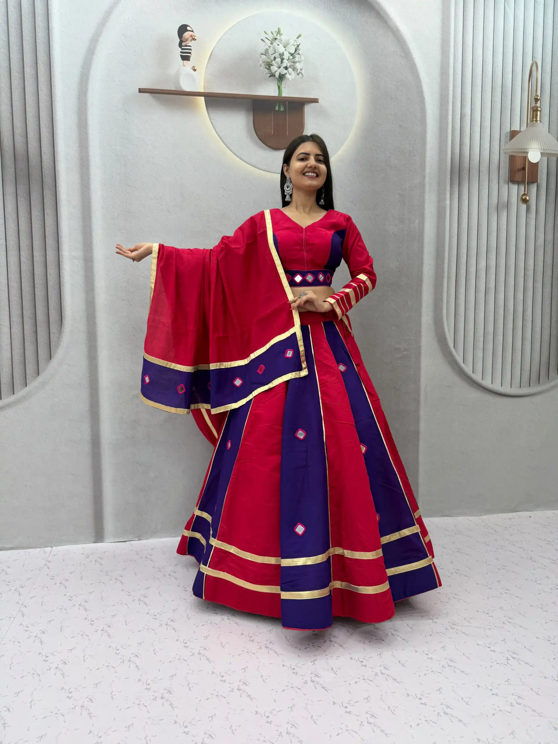 Perfect Red Roman Silk Mirror Work Lehenga Choli - Image 2
