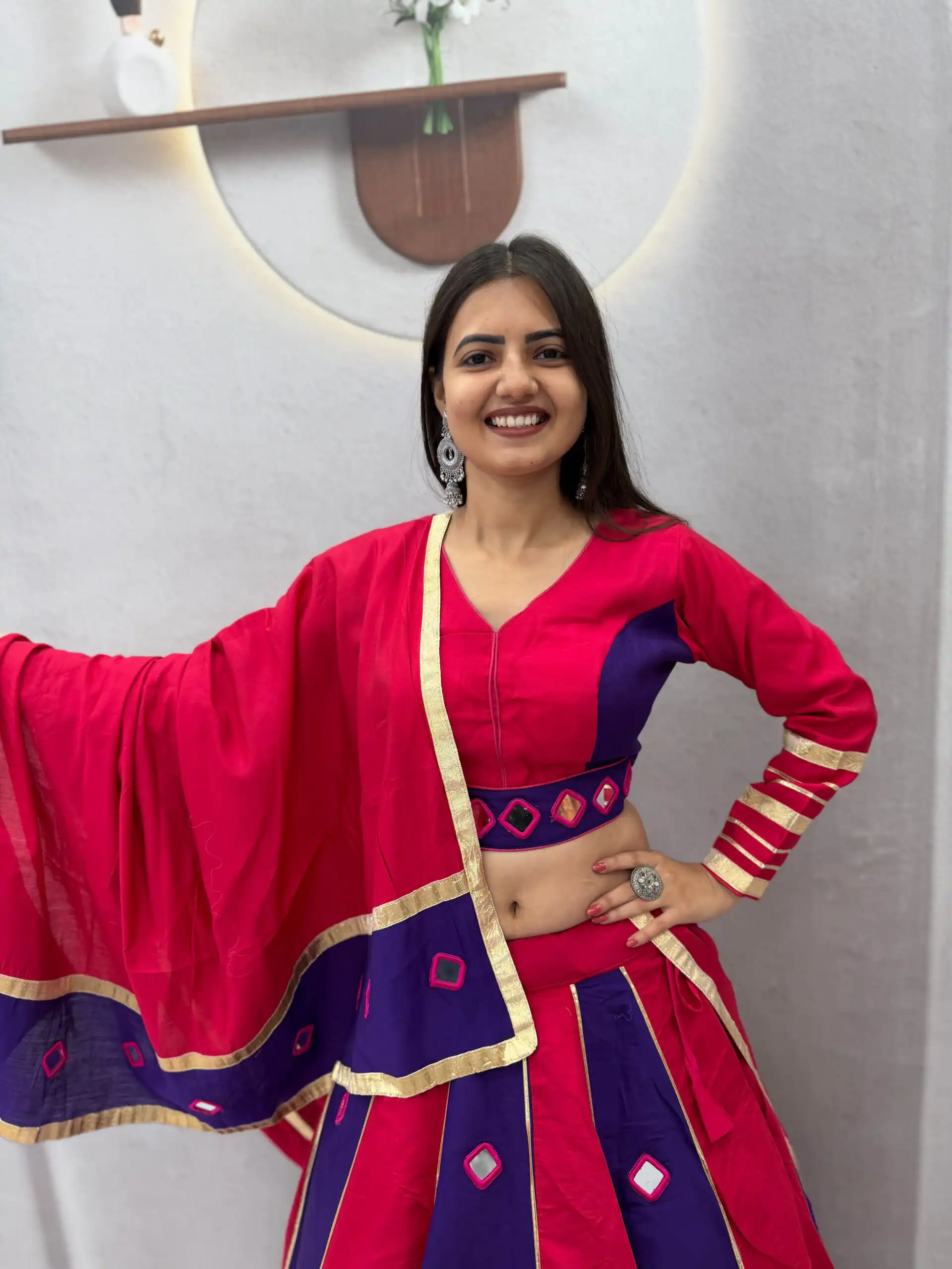 Perfect Red Roman Silk Mirror Work Lehenga Choli