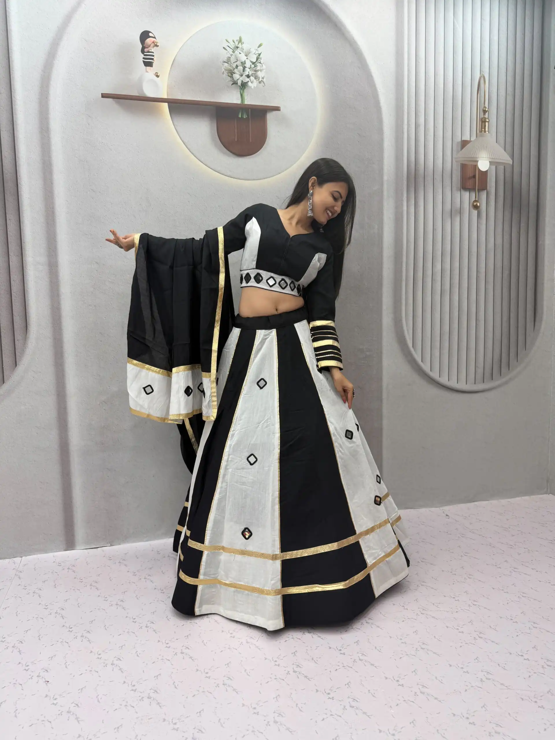 Perfect White Roman Silk Mirror Work Lehenga Choli - Image 6