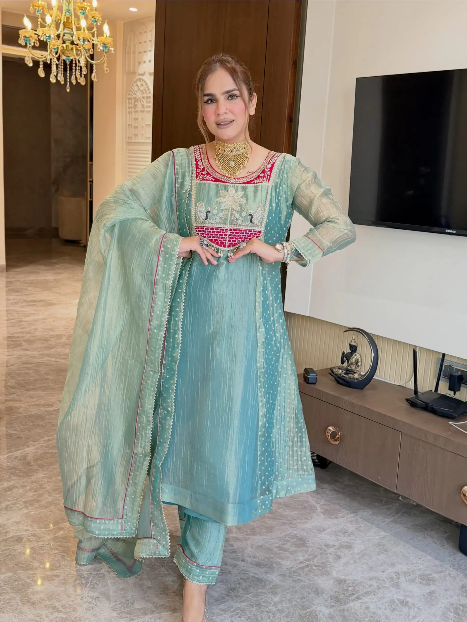 Pretty Blue Salsa Silk Embroidery Work Salwar Suit - Image 3