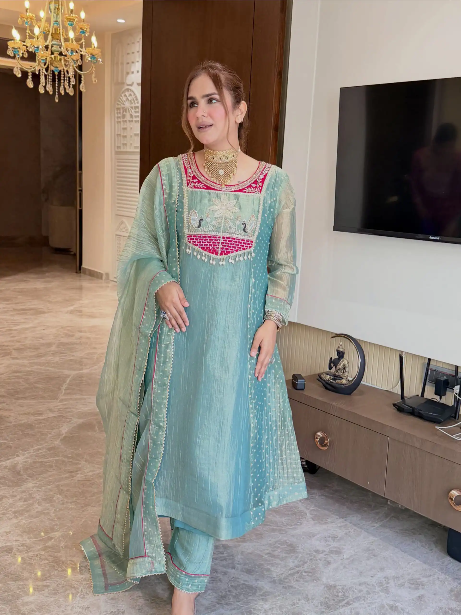 Pretty Blue Salsa Silk Embroidery Work Salwar Suit - Image 4