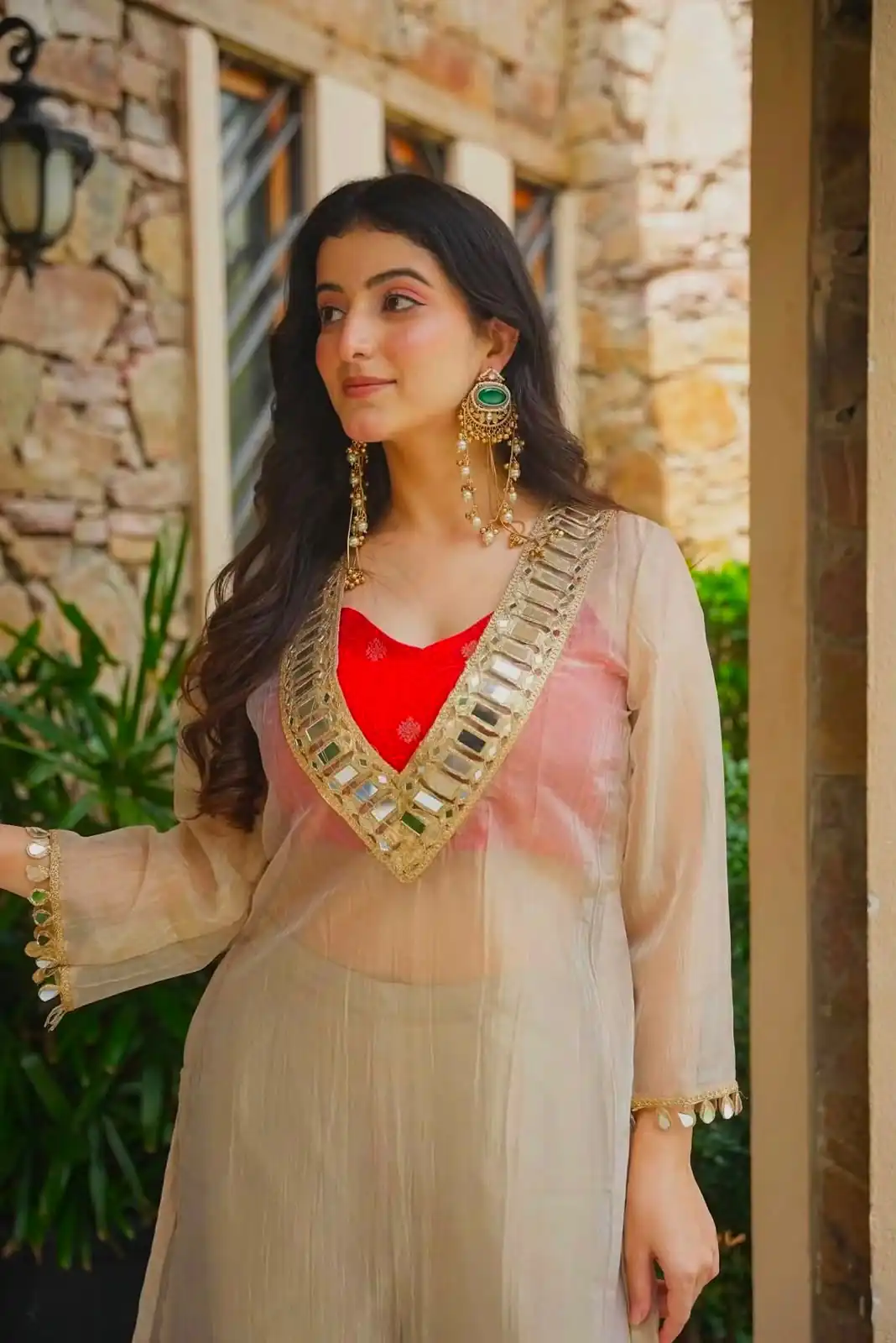 Pretty Chiku Salsa Silk Mirror Work Salwar Suit - Image 5