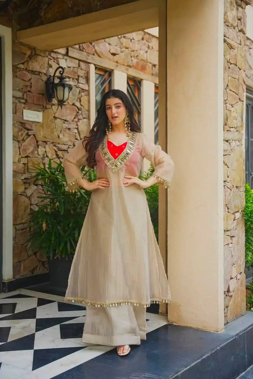 Pretty Chiku Salsa Silk Mirror Work Salwar Suit - Image 3