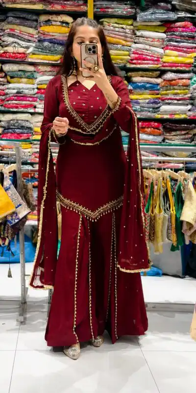 Alternative view of Pretty Maroon Roman Glass Mirror Work Salwar Suit