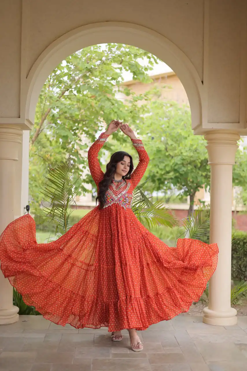 Pretty Orange Faux Georgette Bandhani Print Work Gown