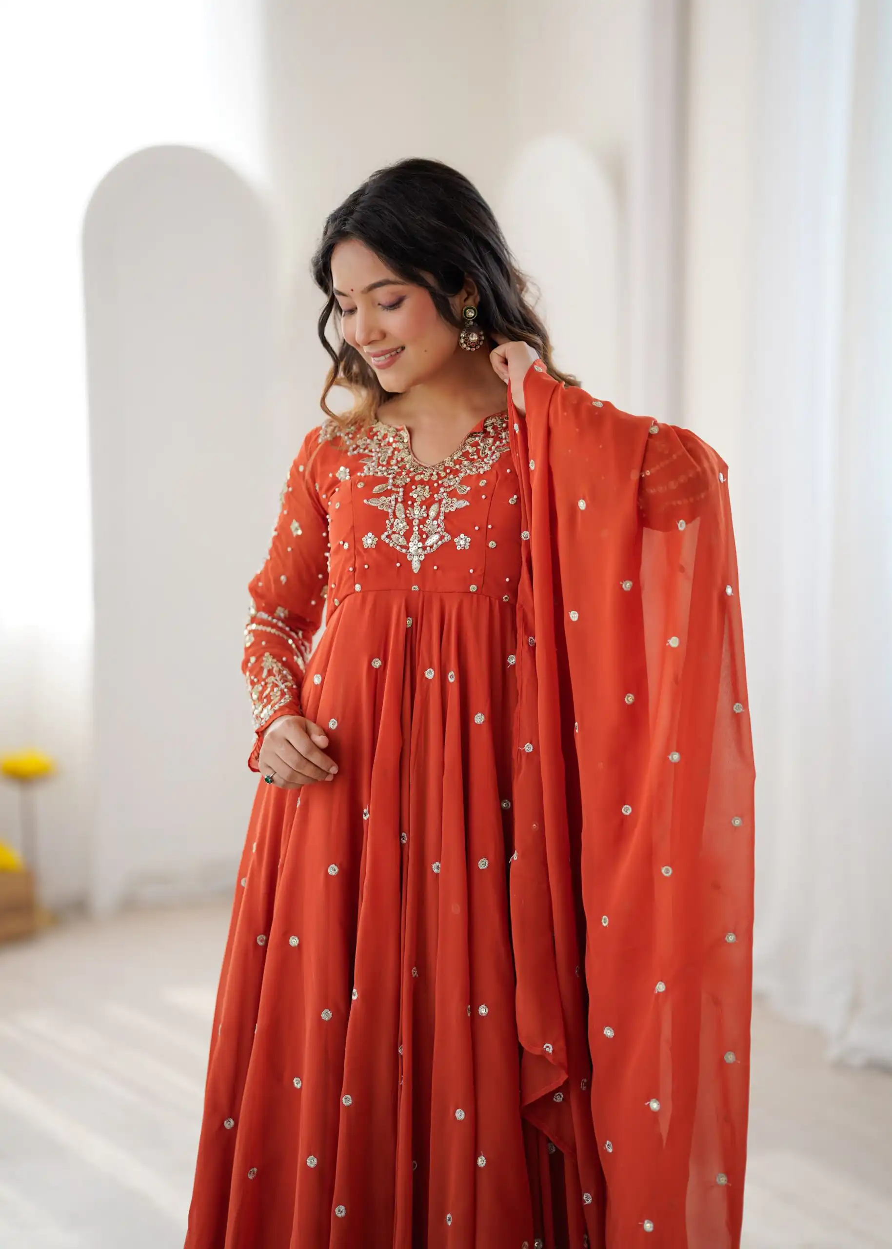 Pretty Orange Faux Georgette Embroider Work Salwar Suit - Image 9