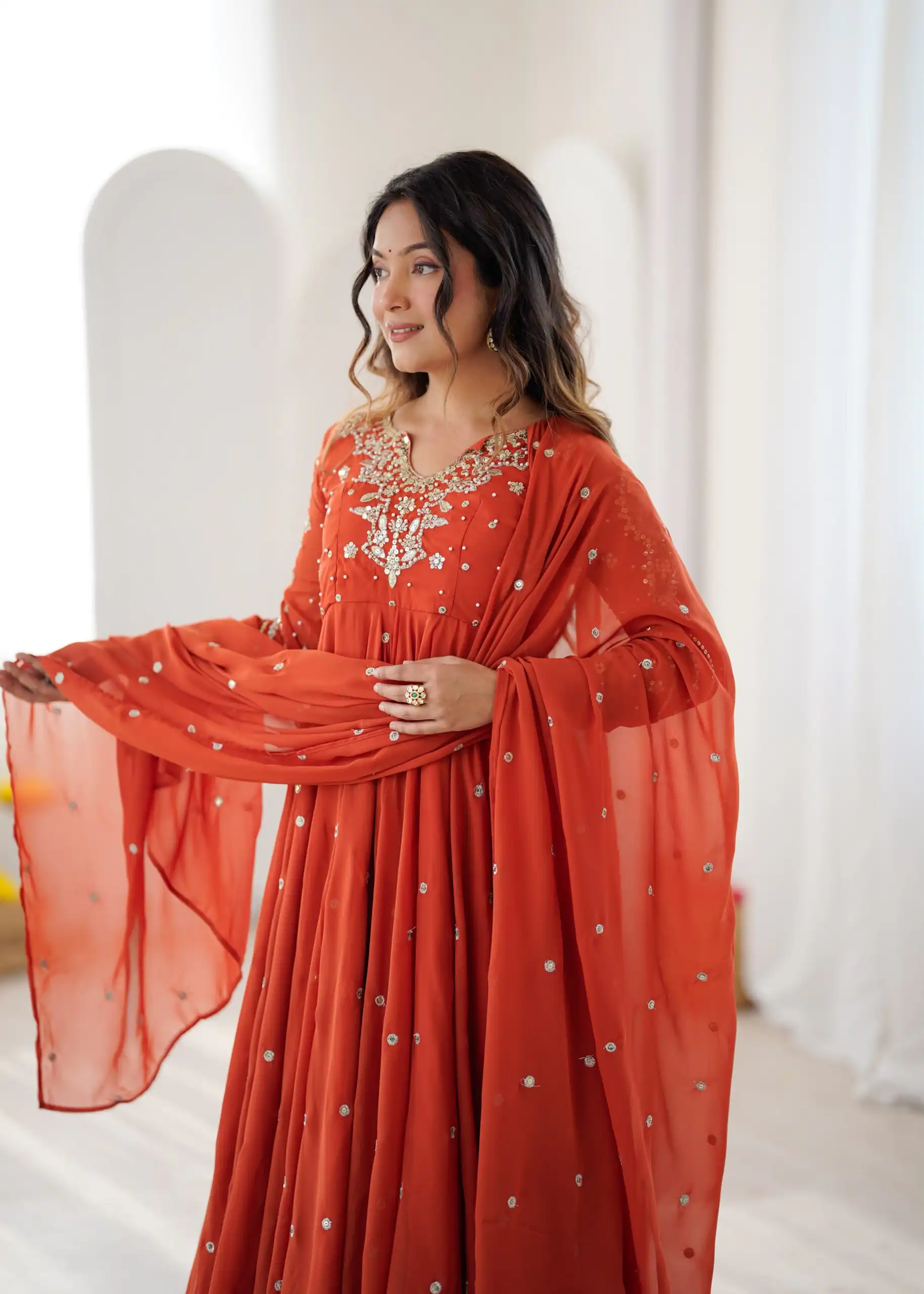 Pretty Orange Faux Georgette Embroider Work Salwar Suit - Image 7