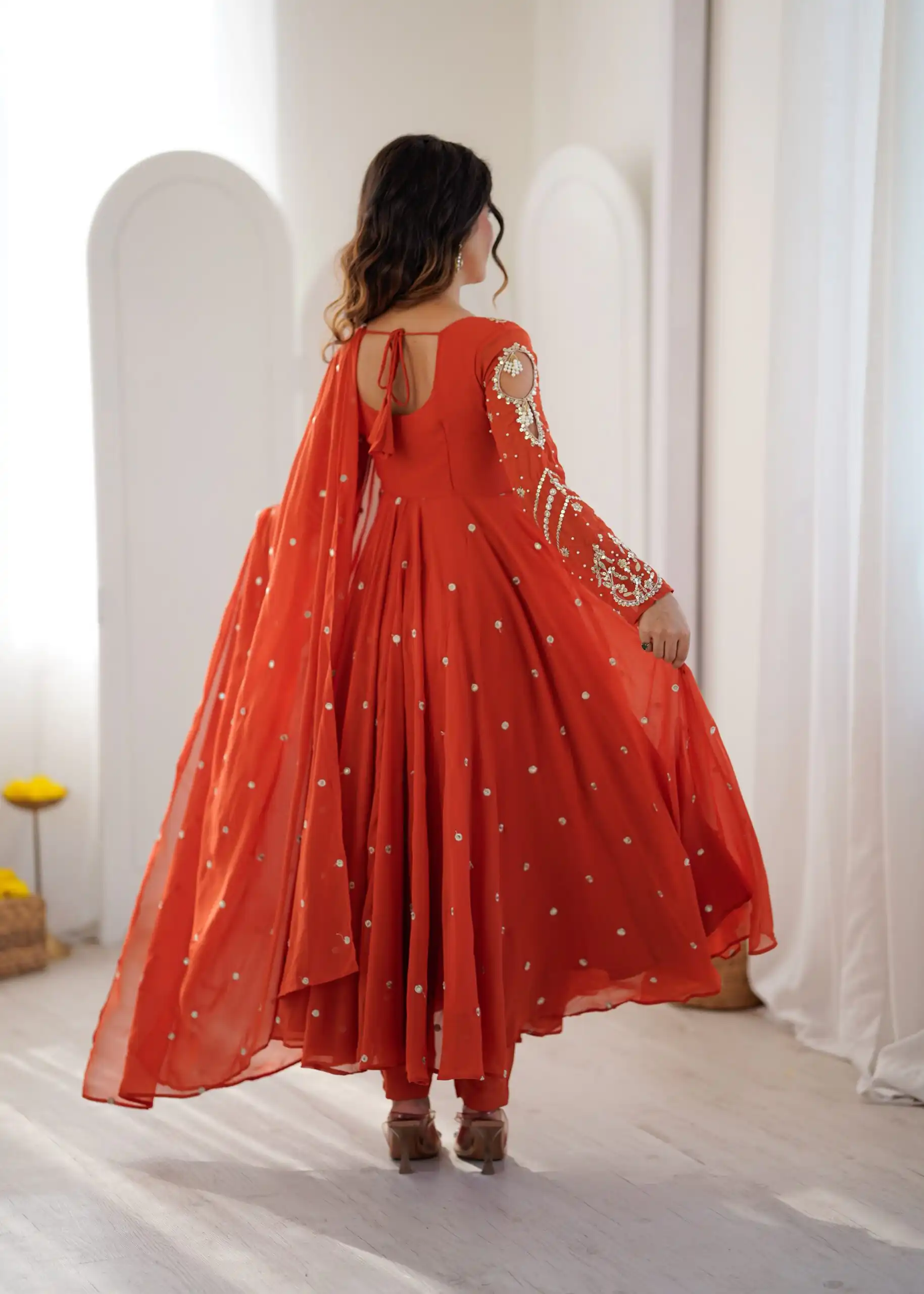 Pretty Orange Faux Georgette Embroider Work Salwar Suit - Image 13